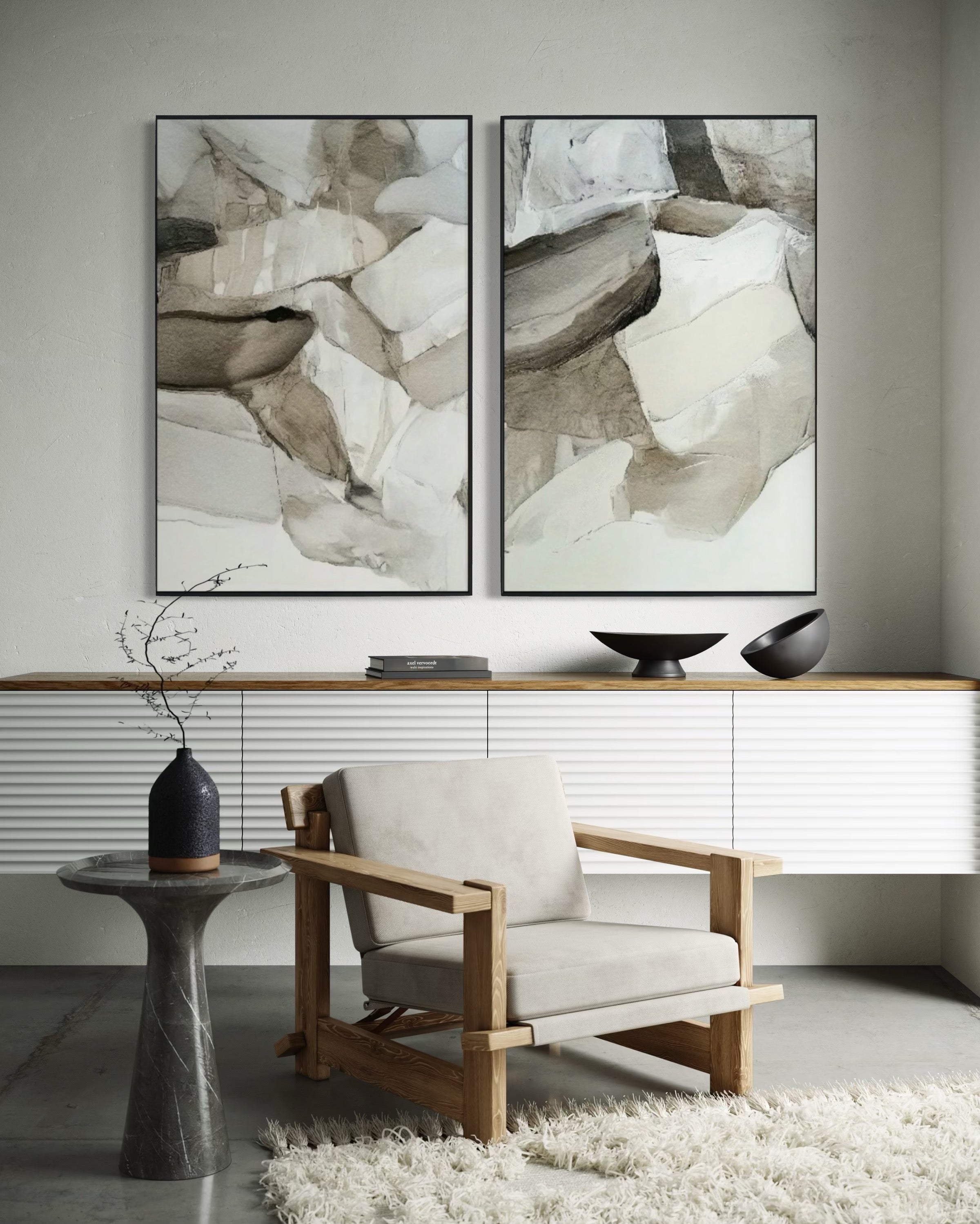 Set Cuadros Decorativos Abstracto Negro Arena 2 - 202 - Díptico Minimalista Estilo Boho Arte en tonos Neutros