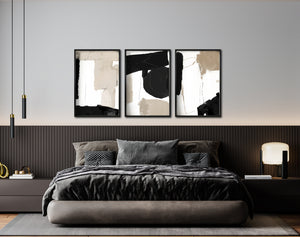 Set 3 Cuadros Decorativos Abstracto Negro Arena 058 - Estilo Boho Minimalista en Beige, Blanco y Negro