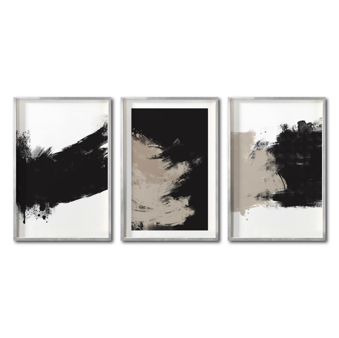 Set 3 Cuadros Decorativos Abstracto Negro Arena 059 - Estilo Boho Minimalista en Beige, Blanco y Negro