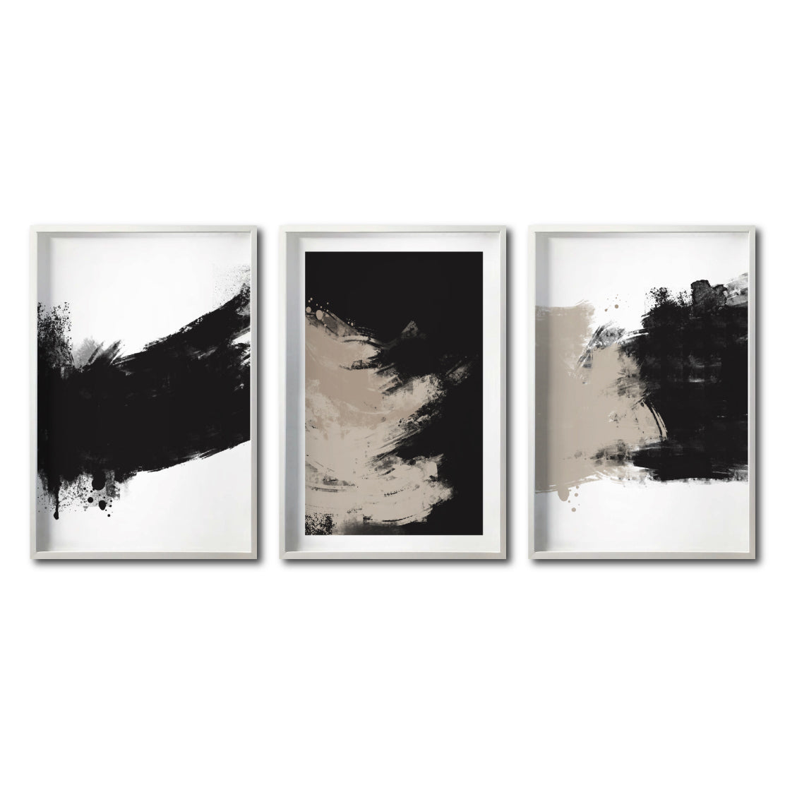 Set 3 Cuadros Decorativos Abstracto Negro Arena 059 - Estilo Boho Minimalista en Beige, Blanco y Negro