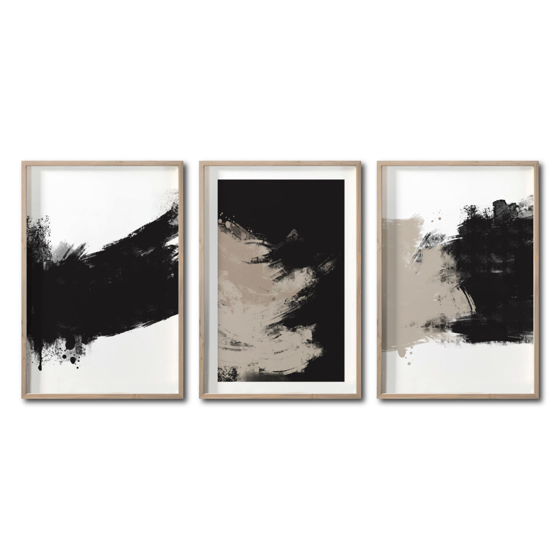 Set Cuadros Decorativos Abstracto Negro Arena 059 - Estilo Boho Minimalista en Beige, Blanco y Negro-Para Sala