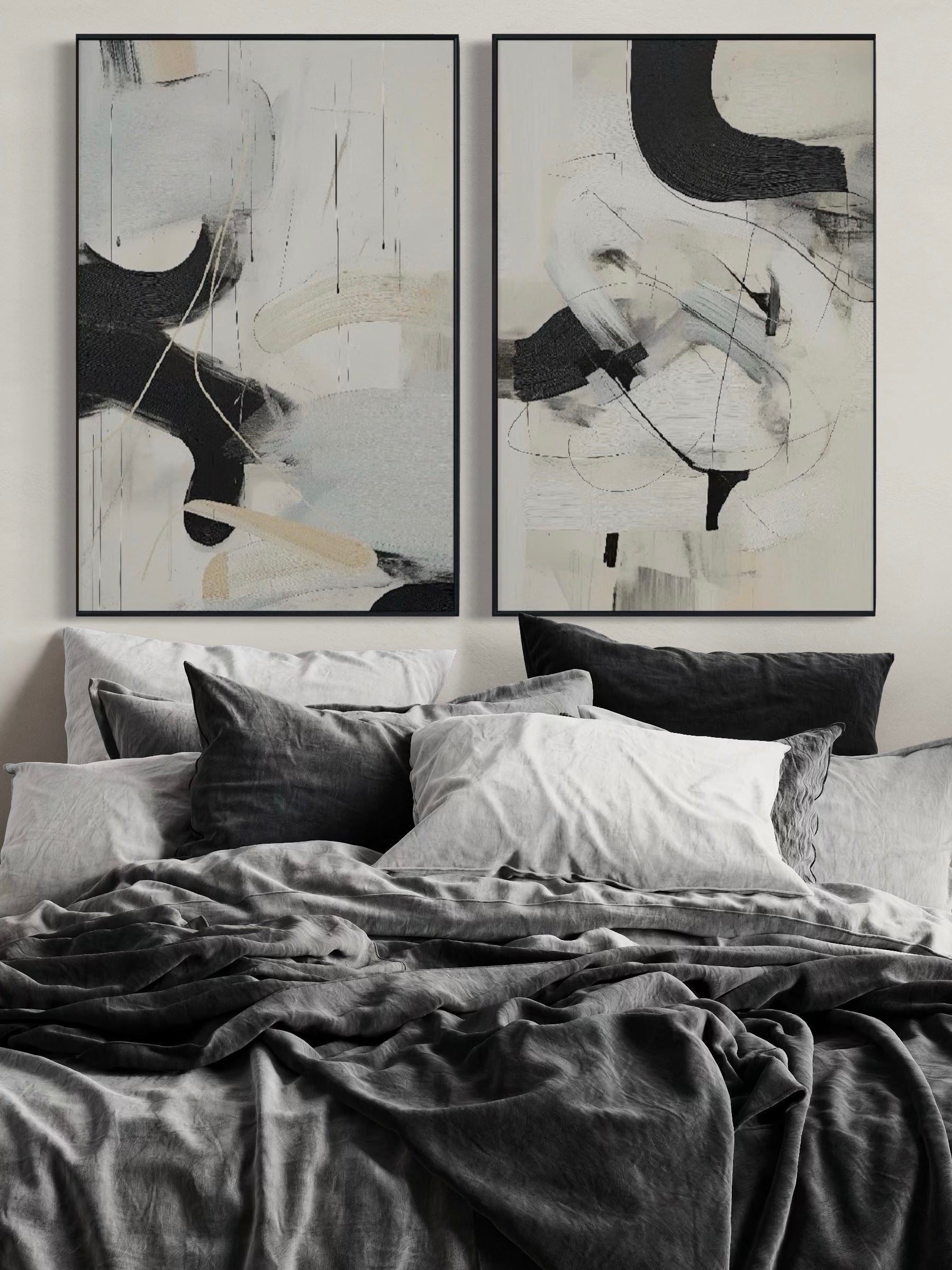 Set Cuadros Decorativos Abstracto Negro Arena 2 - 221 - Diptico Moderno Arte Minimalista Estilo Nordico Tonos Neutros