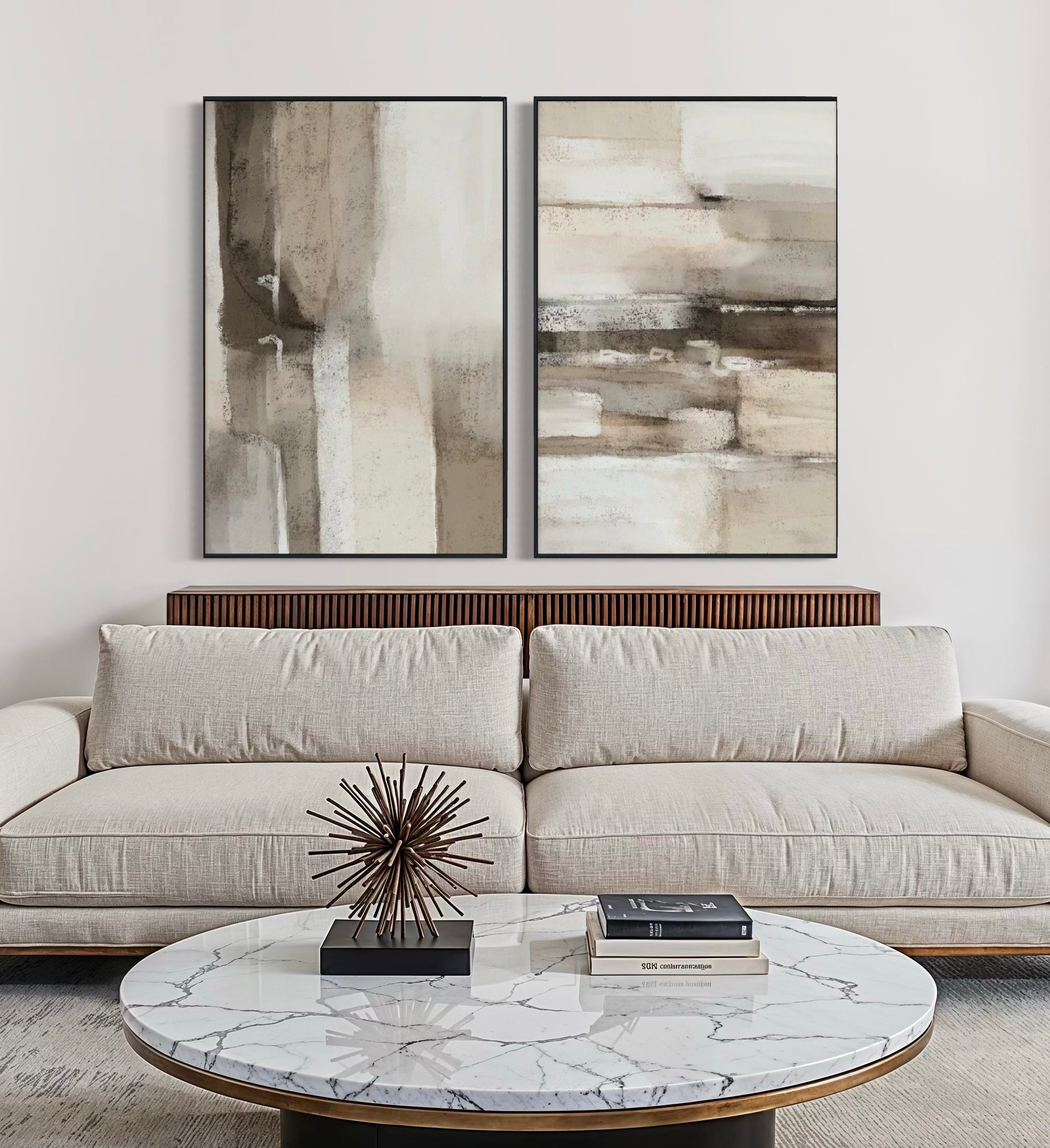 Set Cuadros Decorativos Abstracto Negro Arena 2 - 211 - Diptico en Tonos Tierra Colores Neutros Arte Moderno y Minimalista Estilo Nordico