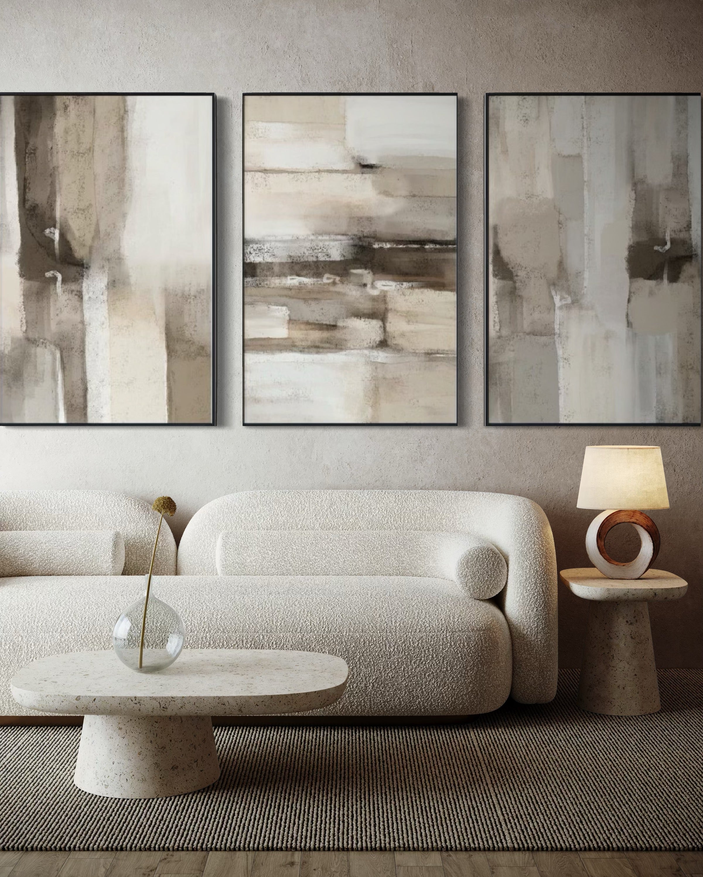 Set Cuadros Decorativos Abstracto Negro Arena 2 - 211 - Triptico En tonos Beige y Cafe Colores Neutros Arte Moderno Estilo Boho Nordico