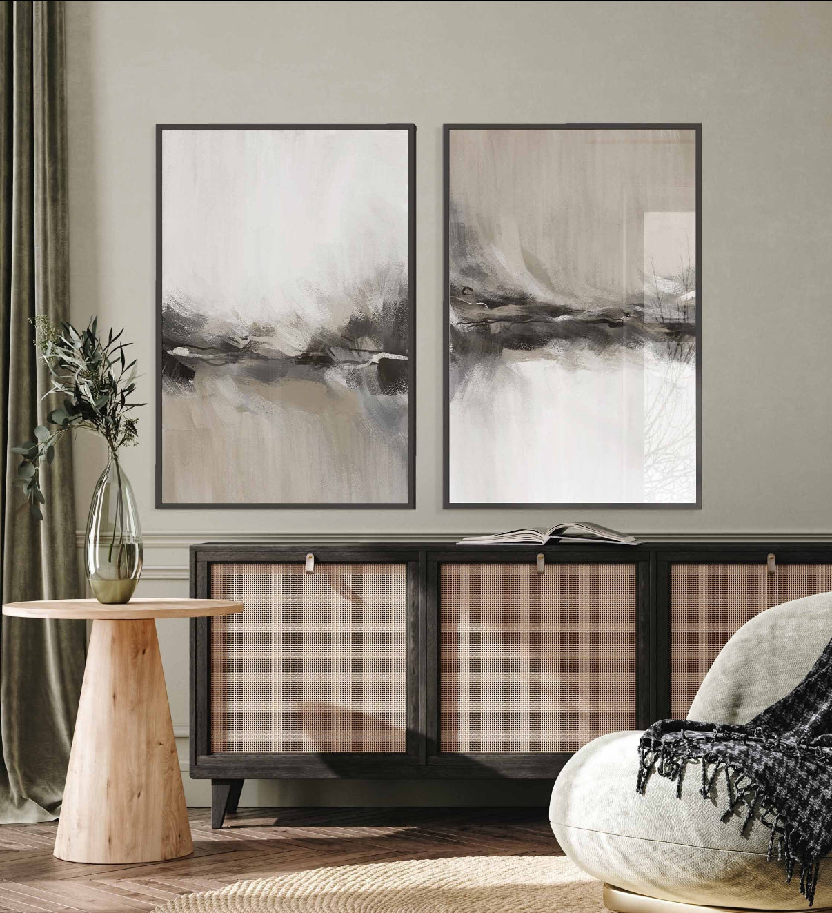 Set Cuadros Decorativos Abstracto Negro Arena 2 - 238 - Diptico Moderno y Elegante Arte Estilo Nordico Tonos Neutros