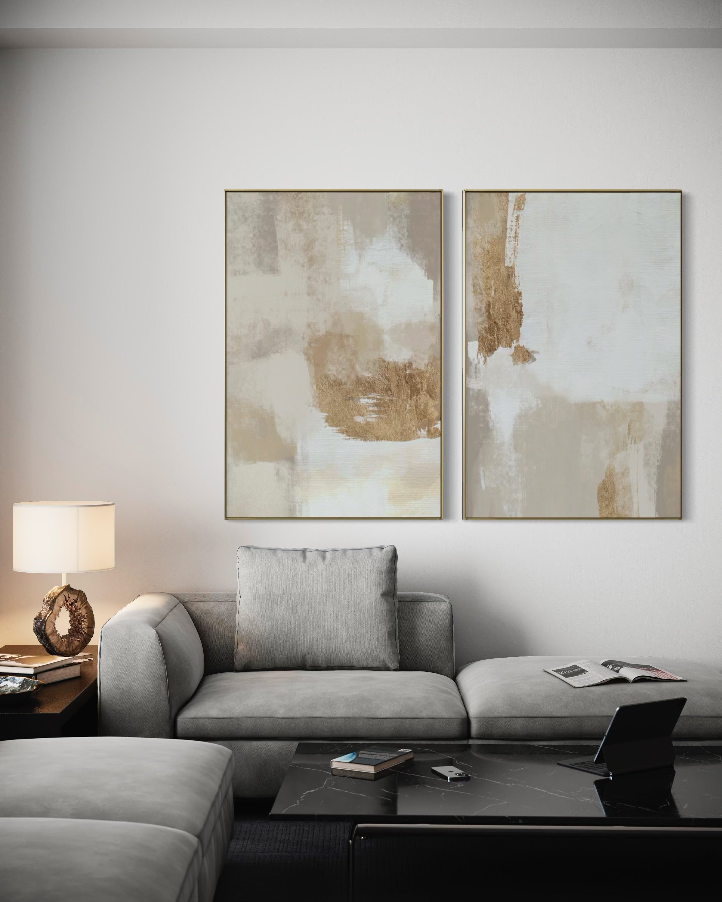 Set Cuadros Decorativos Abstracto Negro Arena 2 - 279 - Diptico Moderno y Elegante Arte Estilo Boho en Blanco, Beige y Dorado Oro