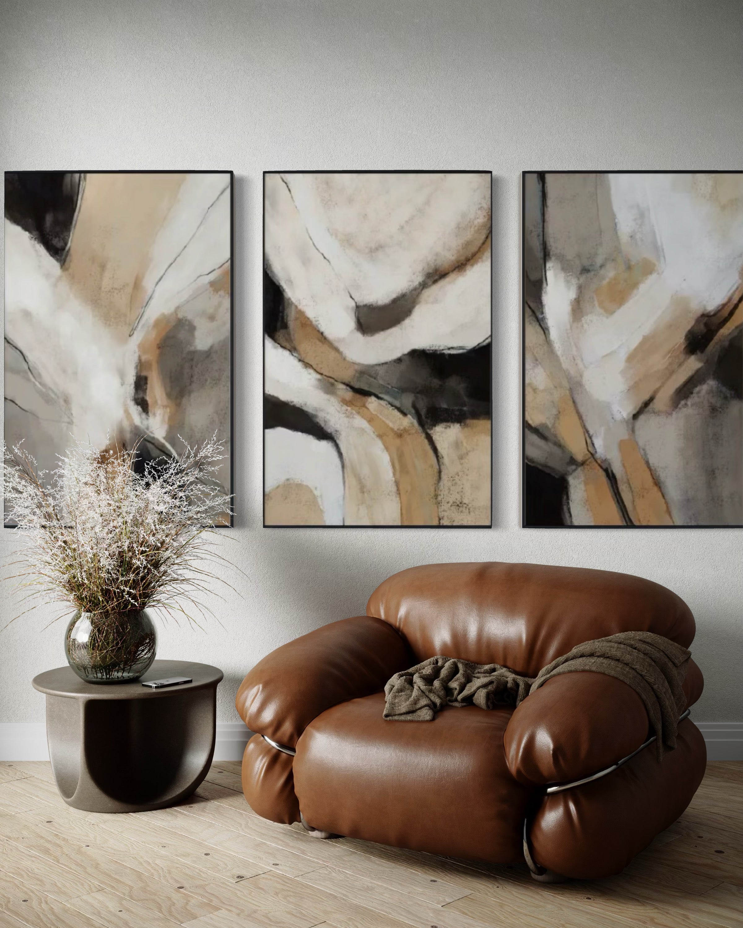 Set Cuadros Decorativos Abstracto Negro Arena 2 - 206 - Triptico Minimalista Arte Moderno y Elegante Estilo Nordico en Tonos Neutros