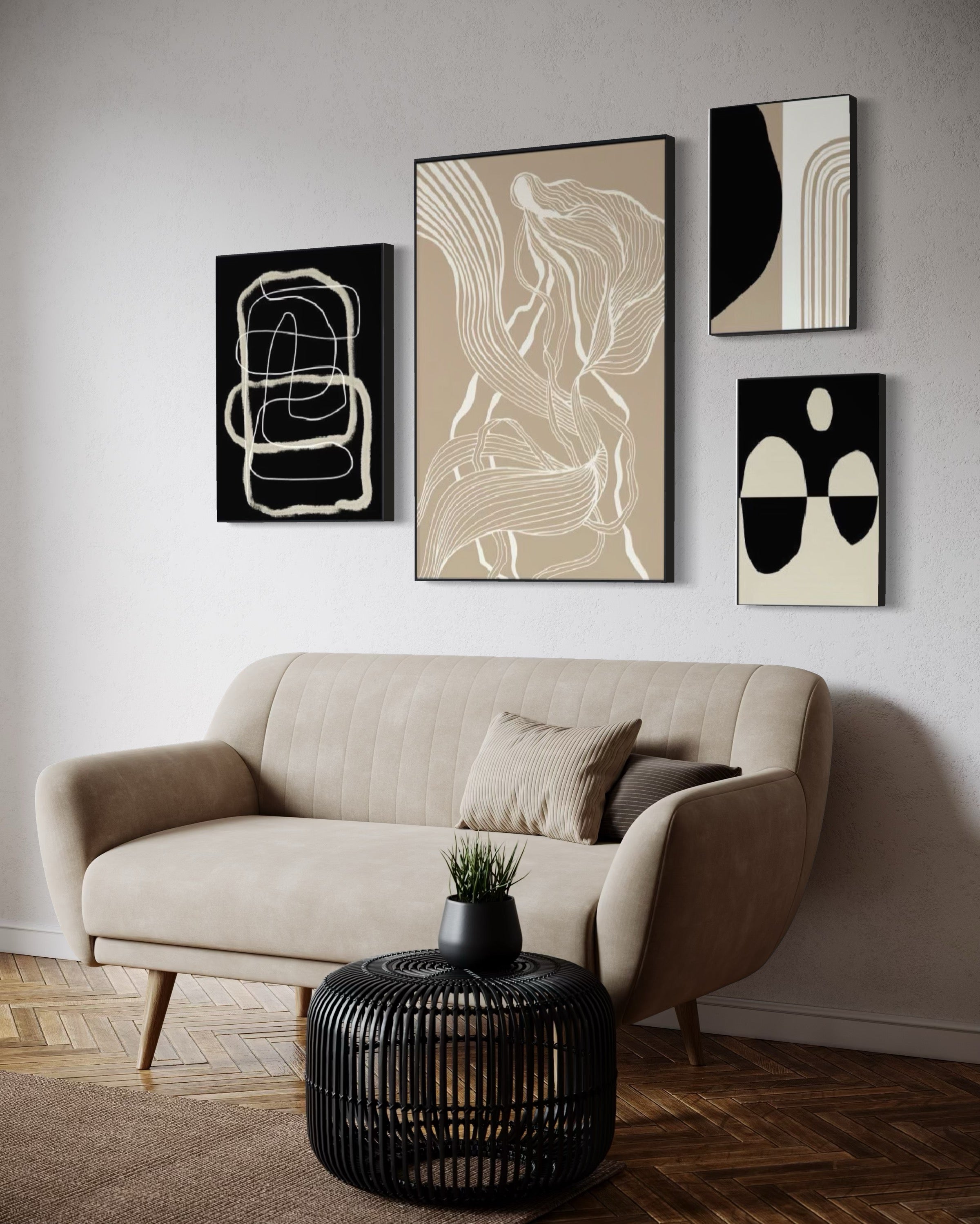 Set Cuadros Decorativos Abstracto Negro Arena 2 - 230 B - 4piezas Arte Moderno y Minimalista Estilo Nordico Tonos Neutros