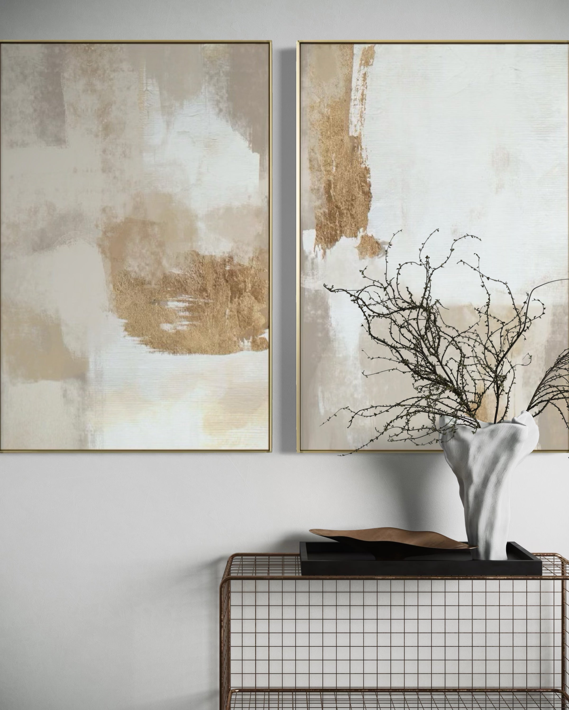 Set Cuadros Decorativos Abstracto Negro Arena 2 - 279 - Diptico Moderno y Elegante Arte Estilo Boho en Blanco, Beige y Dorado Oro