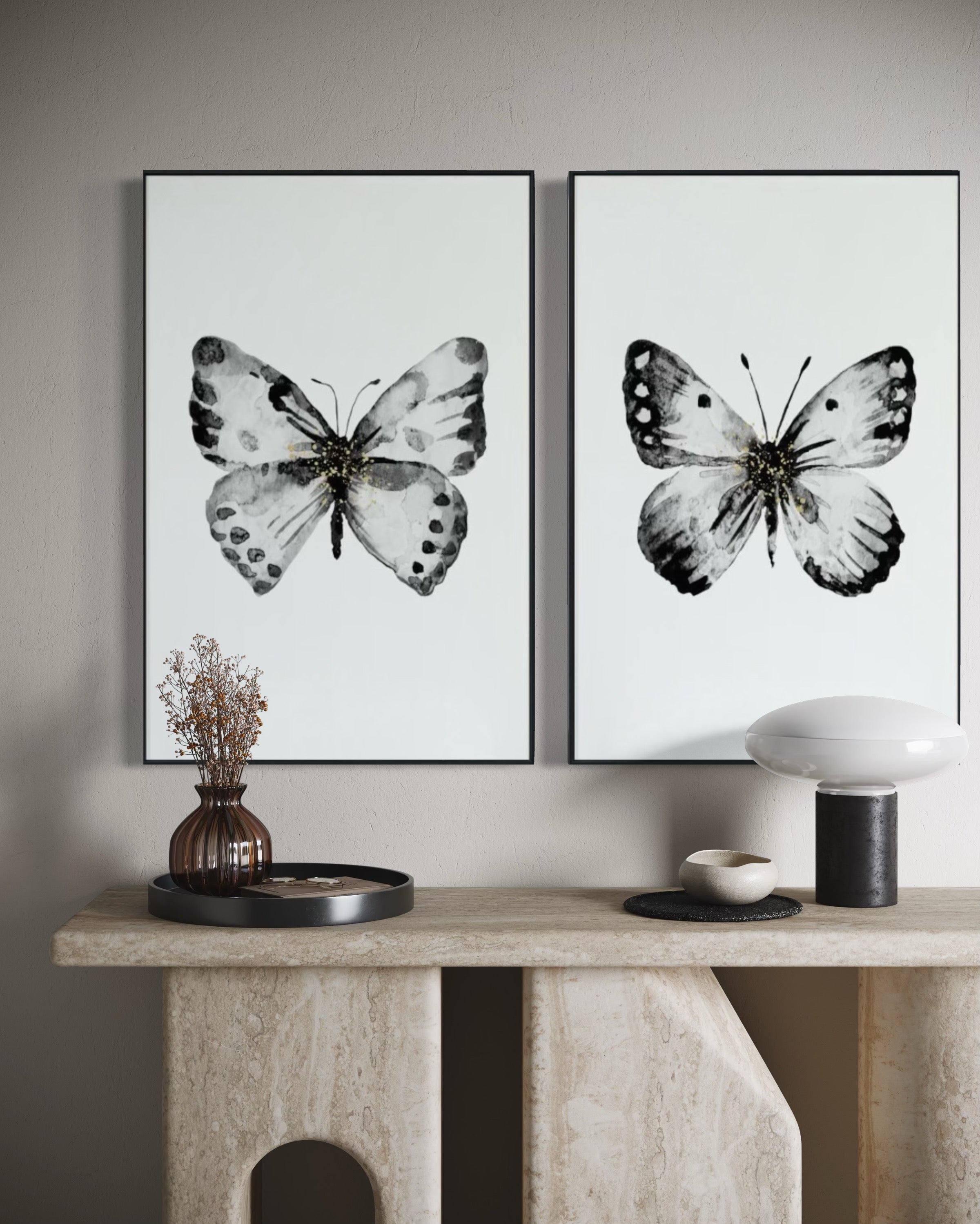 Cuadro Decorativo Abstracto Negro Arena 2-270 - Boceto Mariposas En Blanco, Negro y Dorado Arte Moderno Estilo Nordico