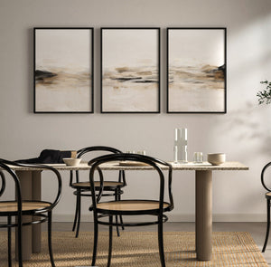 Set Cuadros Decorativos Abstracto Negro Arena 2-261 - Triptico Moderno y Minimalista Arte Estilo Nordico en Tonos Beige y Negro
