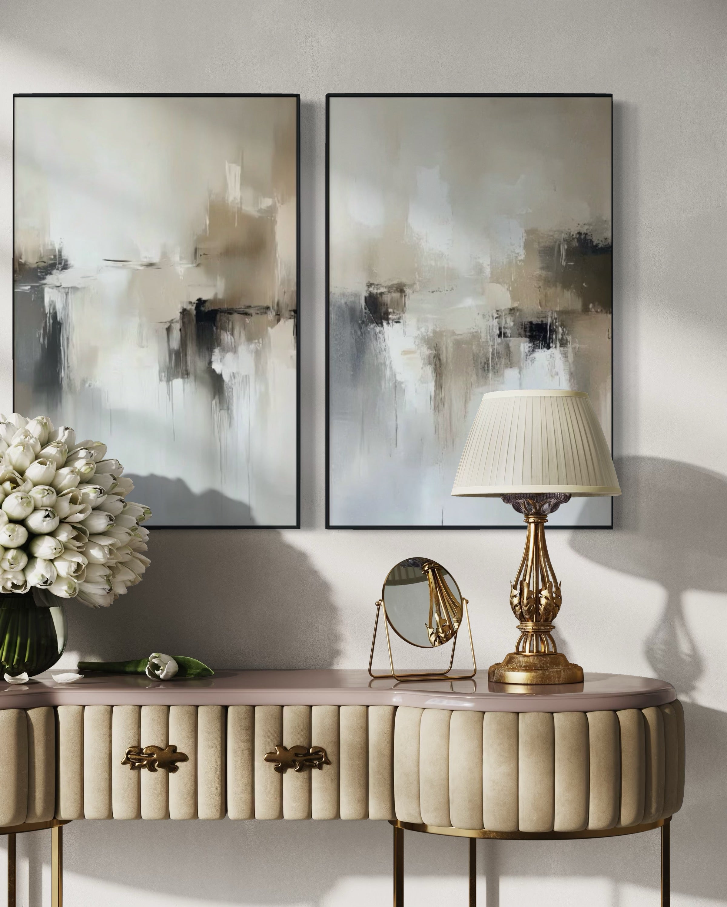 Set Cuadros Decorativos Abstracto Negro Arena 2 - 201 - Diptico Minimalista Estilo Nordico en Tonos Neutros