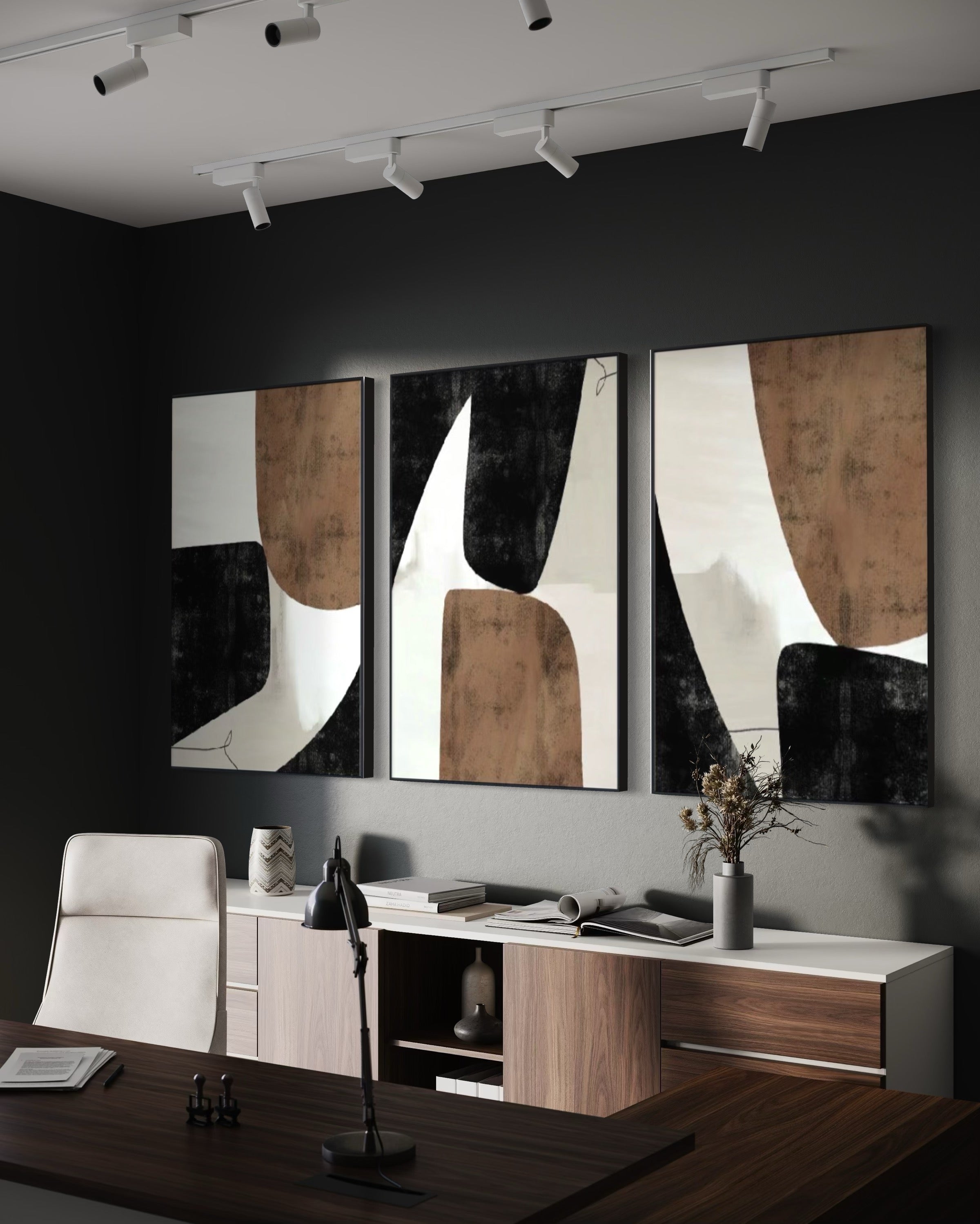 Set Cuadros Decorativos Abstracto Negro Arena 2-208 - Triptico Minimalista Estilo Nordico Arte Moderno y Elegante en Tonos Neutros