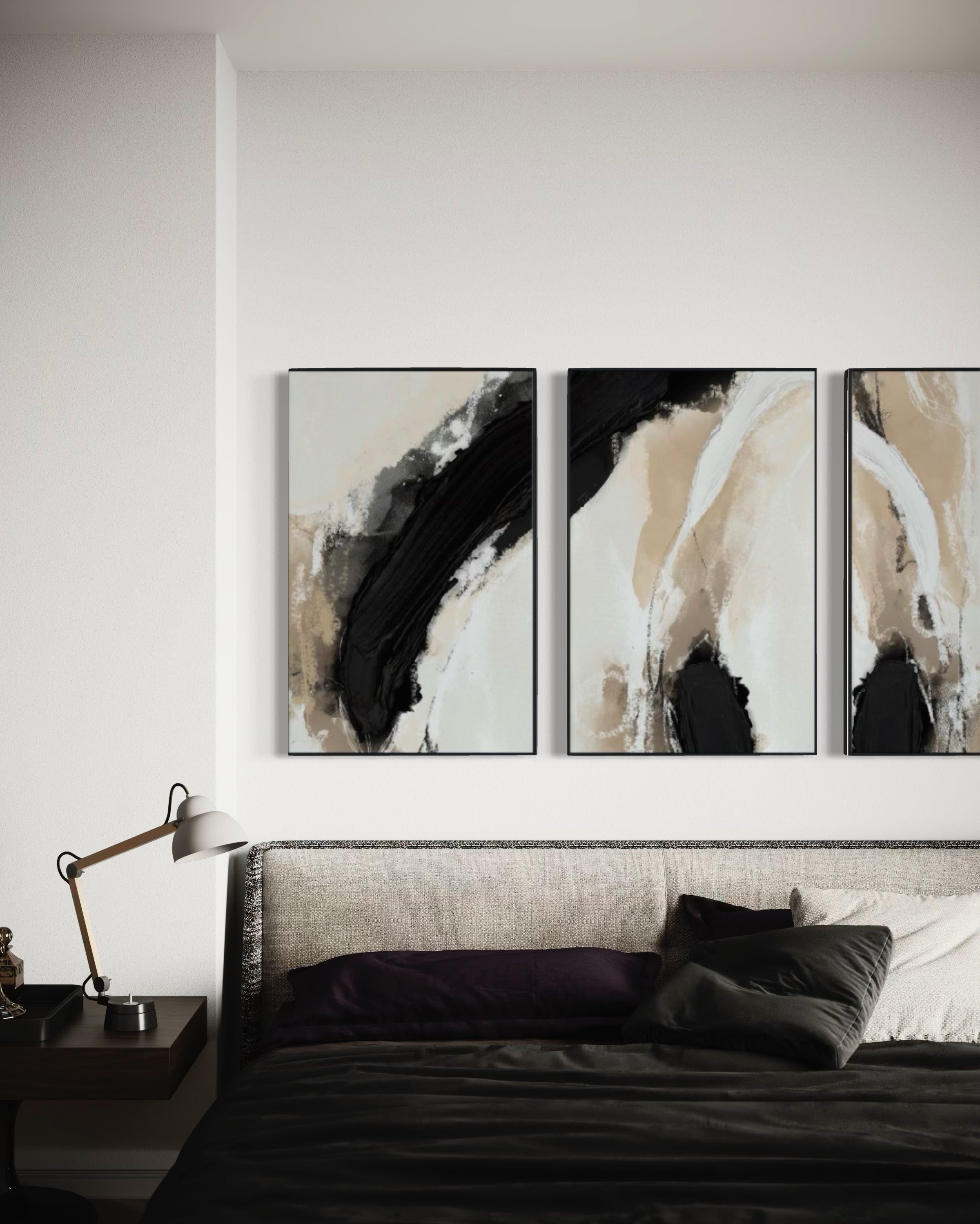 Set Cuadros Decorativos Abstracto Negro Arena 2-212 -Triptico Moderno y Elegante en Tonos Negro y Beige Arte Minimalista Estilo Nordico