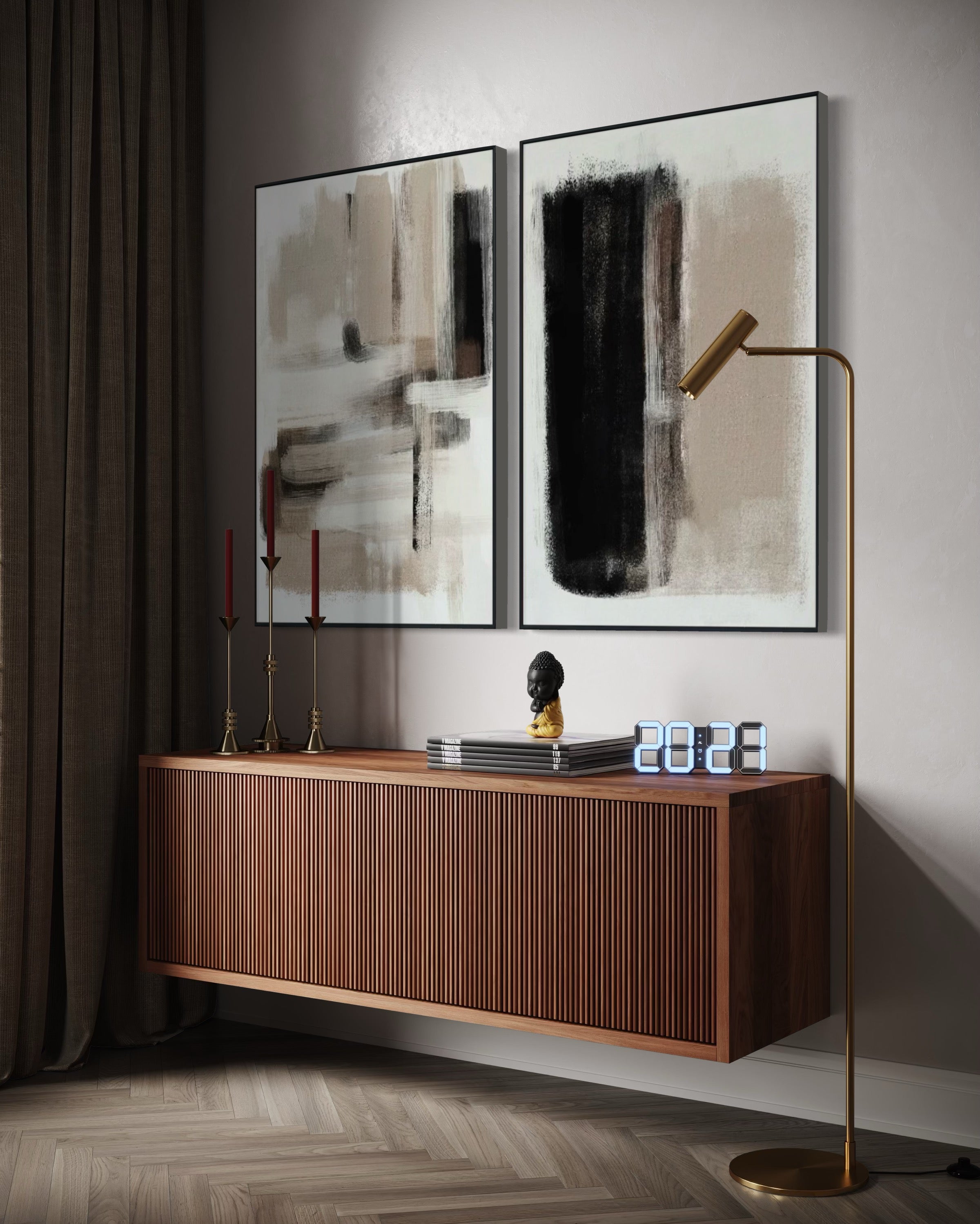 Set Cuadros Decorativos Abstracto Negro Arena 2 - 204 - Díptico Moderno y Minimalista estilo Nordico En Tonos Neutros Beige, Negro y Blanco