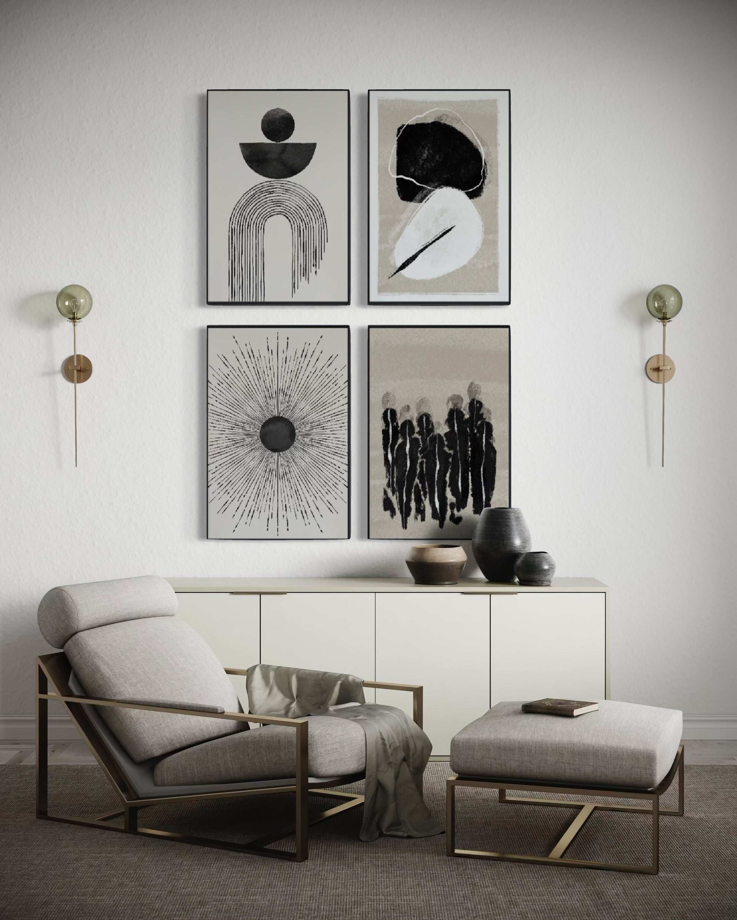Set Cuadros Decorativos Abstracto Negro Arena 2 - 226C - 4piezas Arte Moderno y Elegante Estilo Nordico Boho en Tonos Neutros