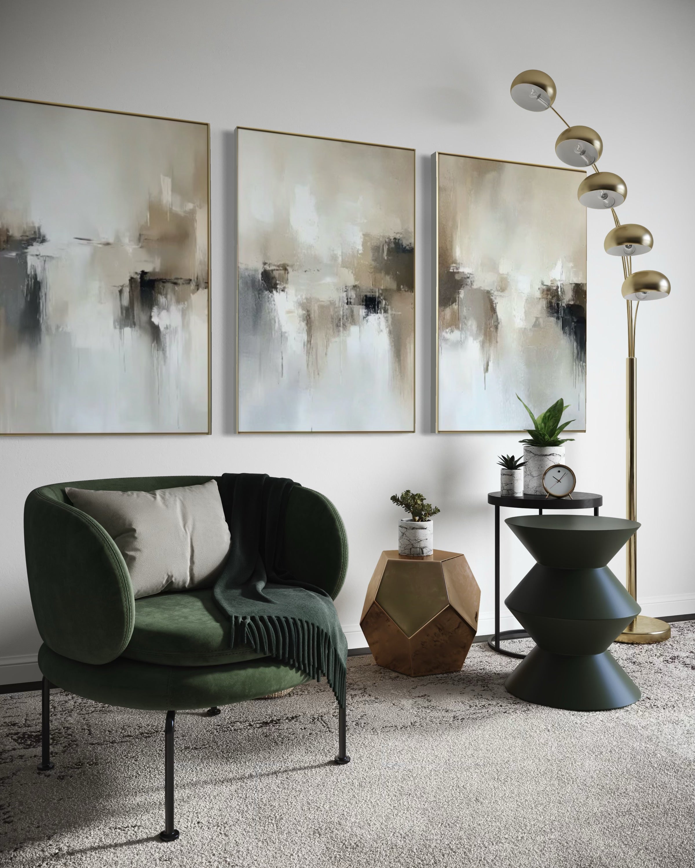 Set Cuadros Decorativos Abstracto Negro Arena 2 - 201 - Triptico Estilo Nordico Arte Moderno en Tonos Neutros