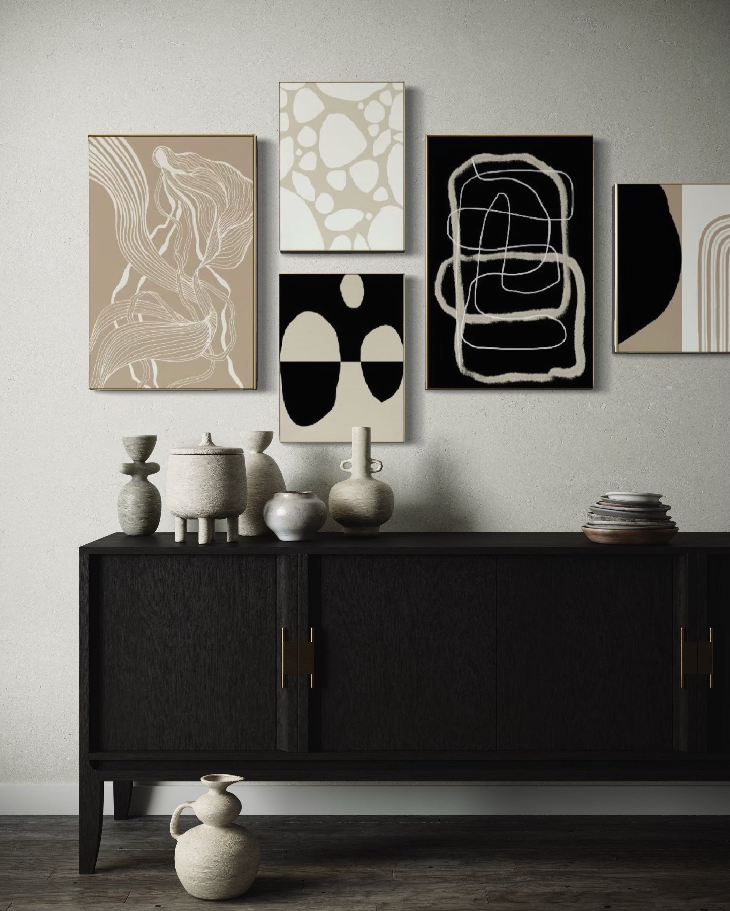 Set Cuadros Decorativos Abstracto Negro Arena 2 - 230A- 5piezas Arte Moderno Estilo Nordico Tonos Neutros