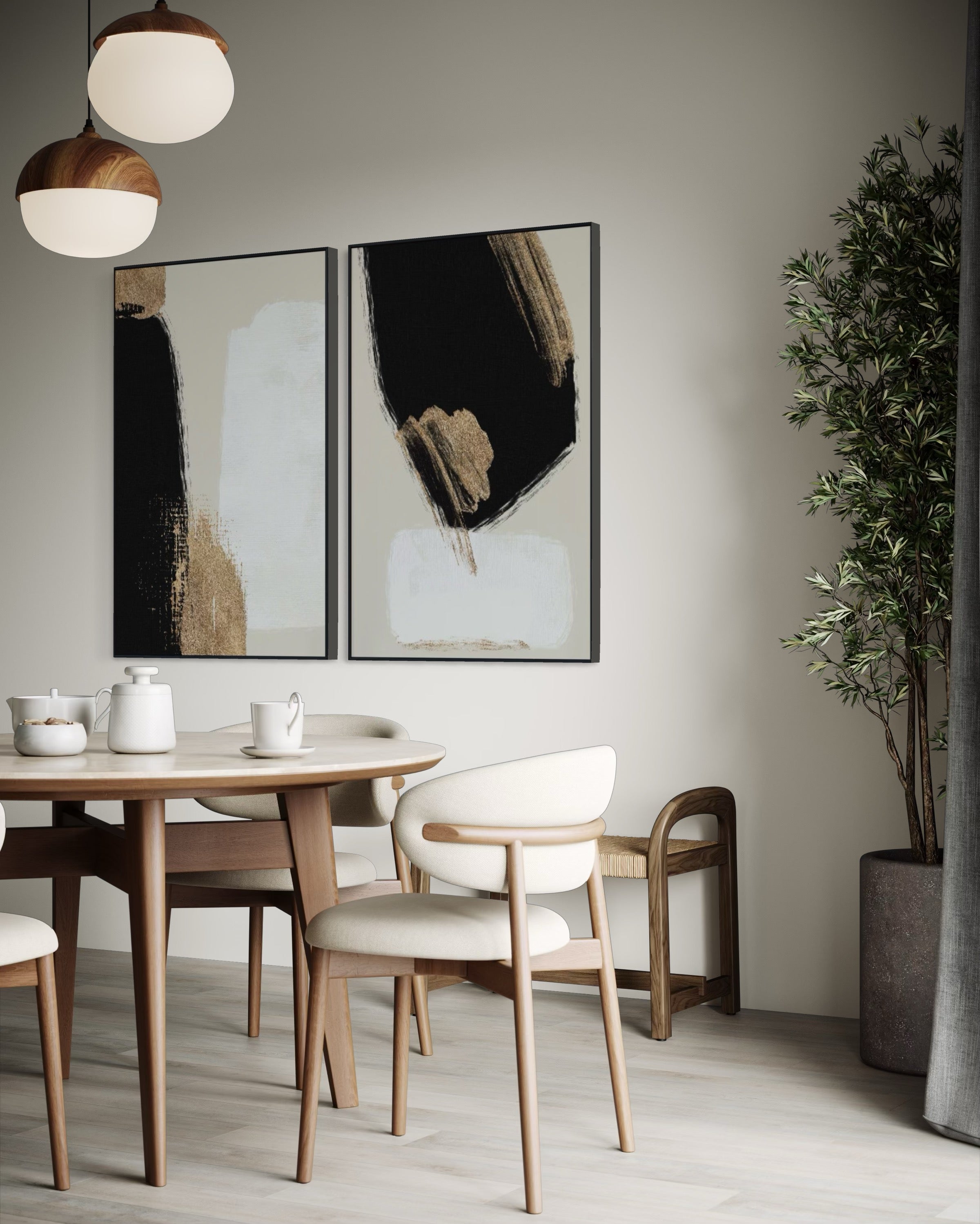 Set Cuadros Decorativos Abstracto Negro Arena 2 - 214 - Diptico Moderno y Elegante Arte Estilo Nordico en Tonos Neutros con Dorado Oro