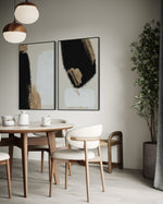 Cargar imagen en el visor de la galería, Set Cuadros Decorativos Abstracto Negro Arena 2 - 214 - Diptico Moderno y Elegante Arte Estilo Nordico en Tonos Neutros con Dorado Oro
