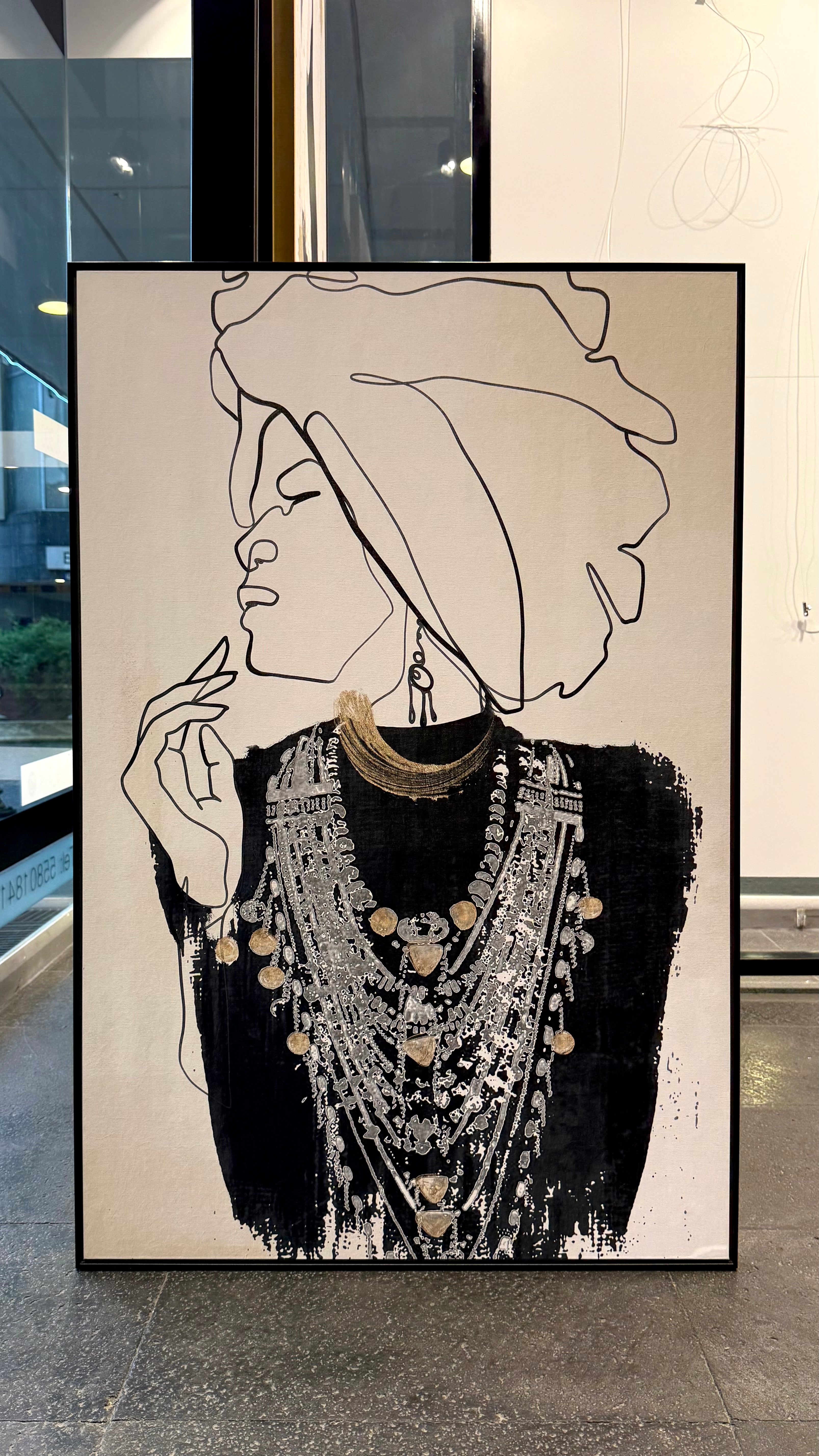 Set Cuadros Decorativos Abstracto Negro Arena 2 - 213 - Diptico Moderno Estilo Boho Mujeres Afro Arte Lineal En tonos Neutros y un toque de Dorado  Oro