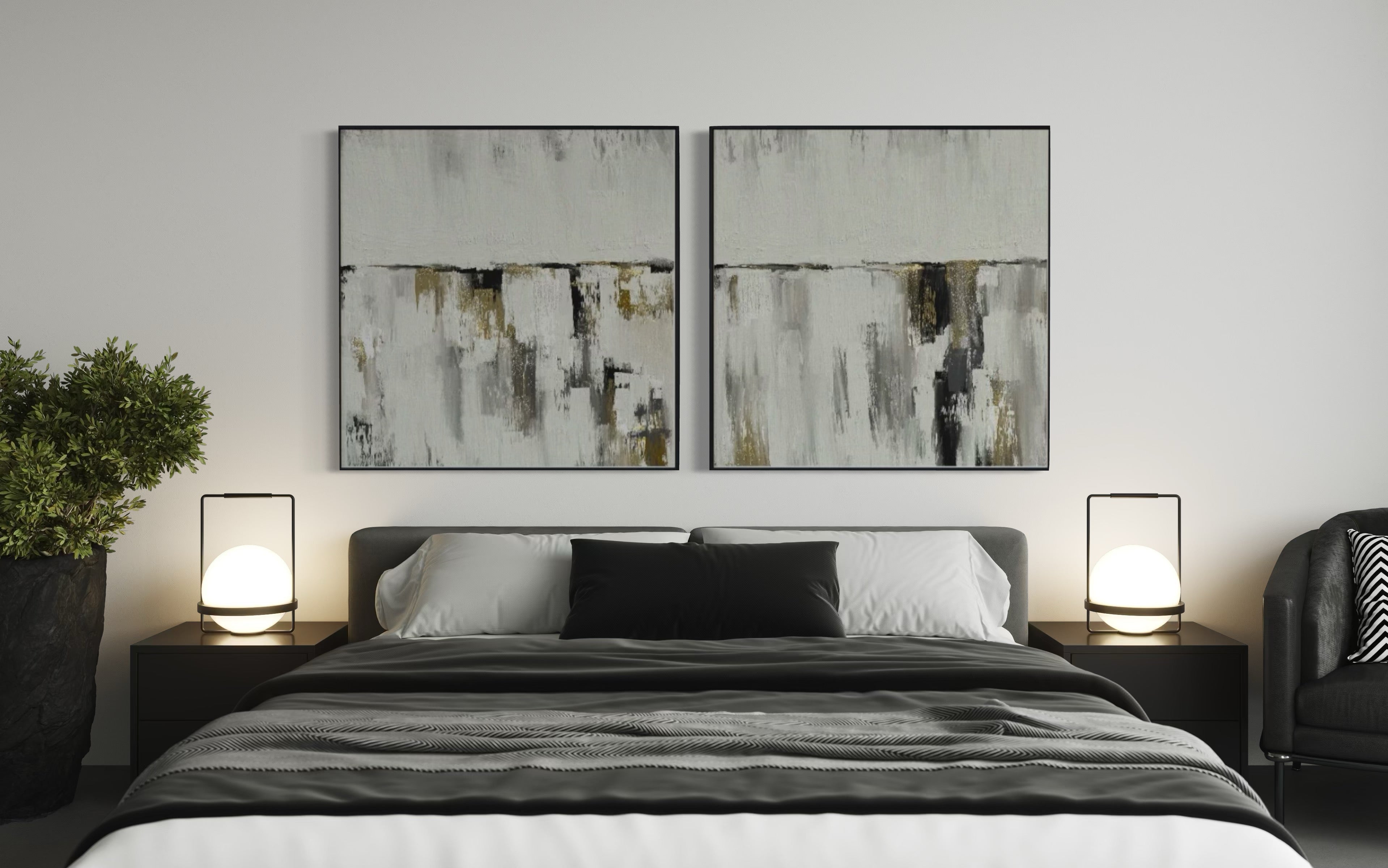 Set Cuadros Decorativos Abstracto Negro Arena 2 - 203 - Diptico Moderno y Minimalista Estilo Nordico en Tonos Neutros y un toque de Dorado Oro