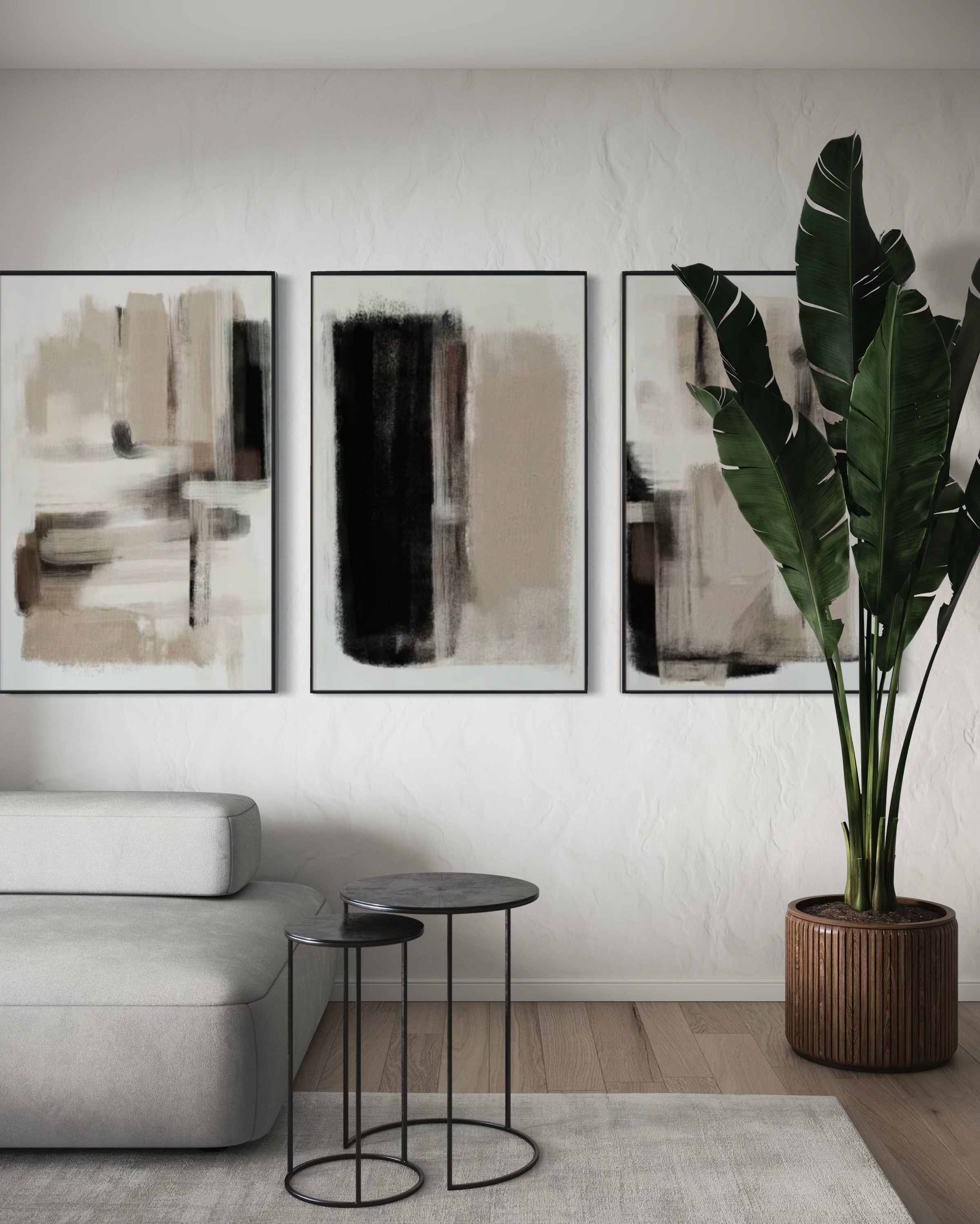 Set Cuadros Decorativos Abstracto Negro Arena 2 - 204 - Triptico Moderno Arte Minimalista estilo Nordico Boho en Tonos Neutros