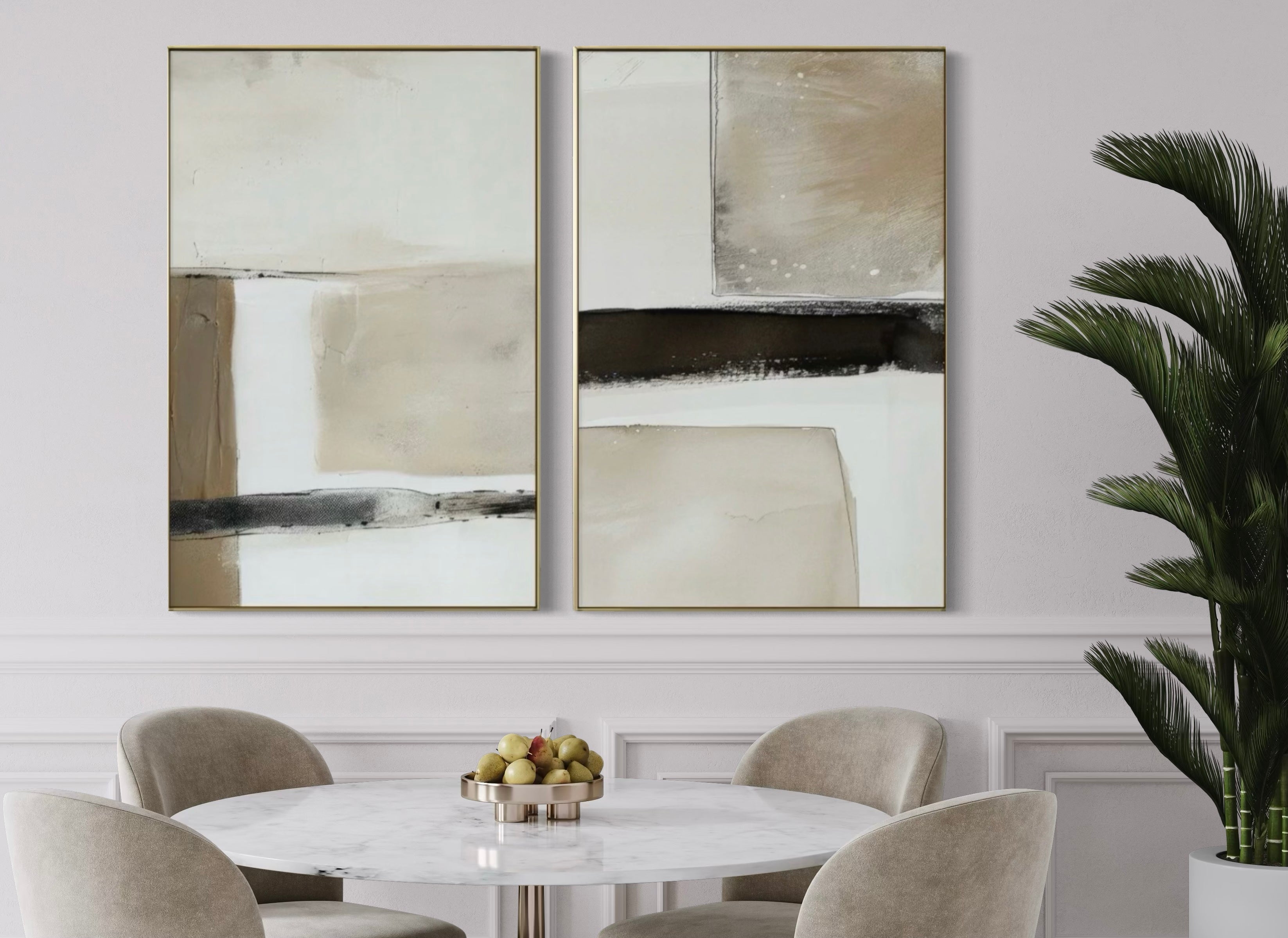 Set Cuadros Decorativos Abstracto Negro Arena 2 - 239 - Diptico Moderno y Minimalista en Negro, Beige y Cafe Tonos Neutros