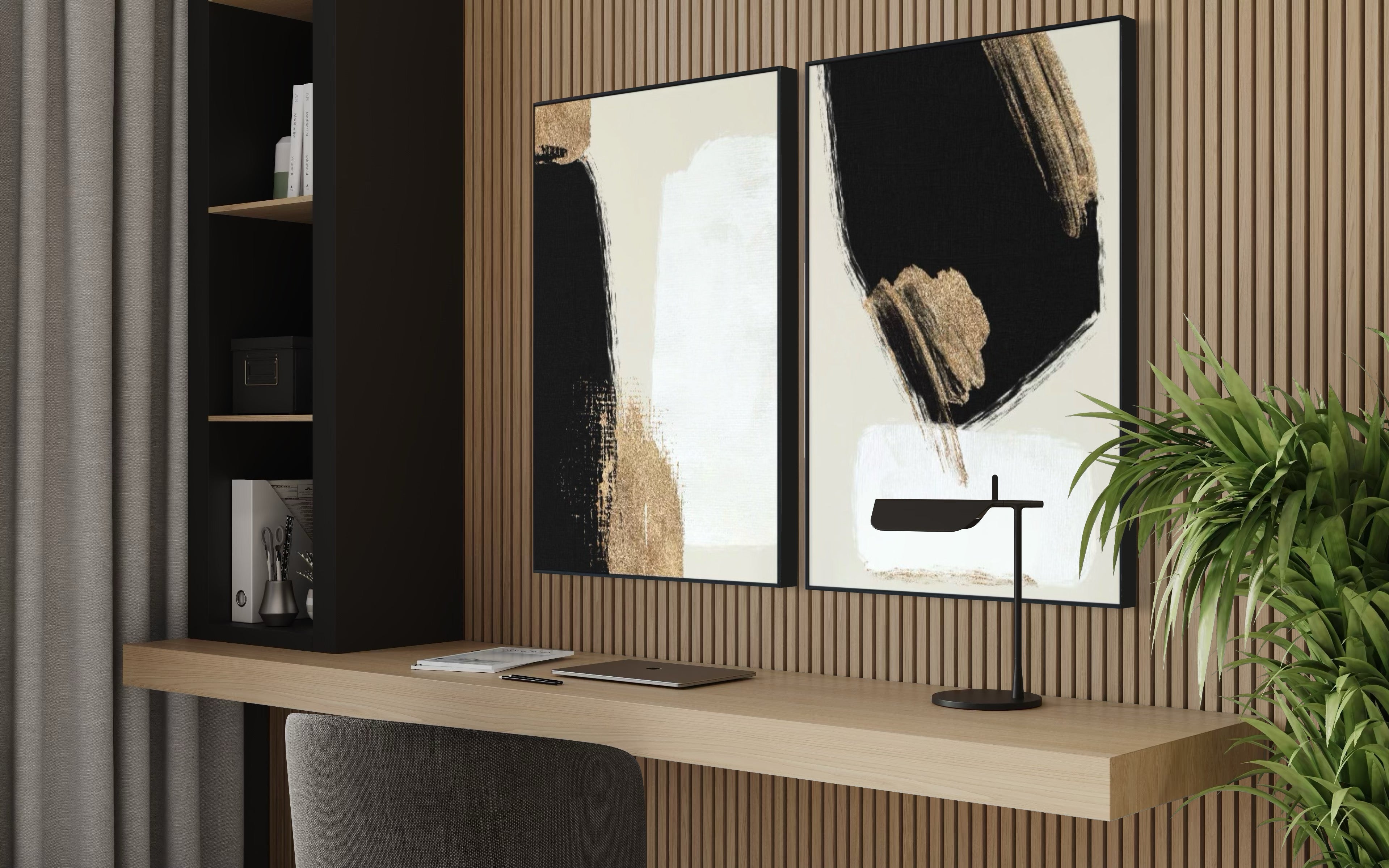 Set Cuadros Decorativos Abstracto Negro Arena 2 - 214 - Diptico Moderno y Elegante Arte Estilo Nordico en Tonos Neutros con Dorado Oro