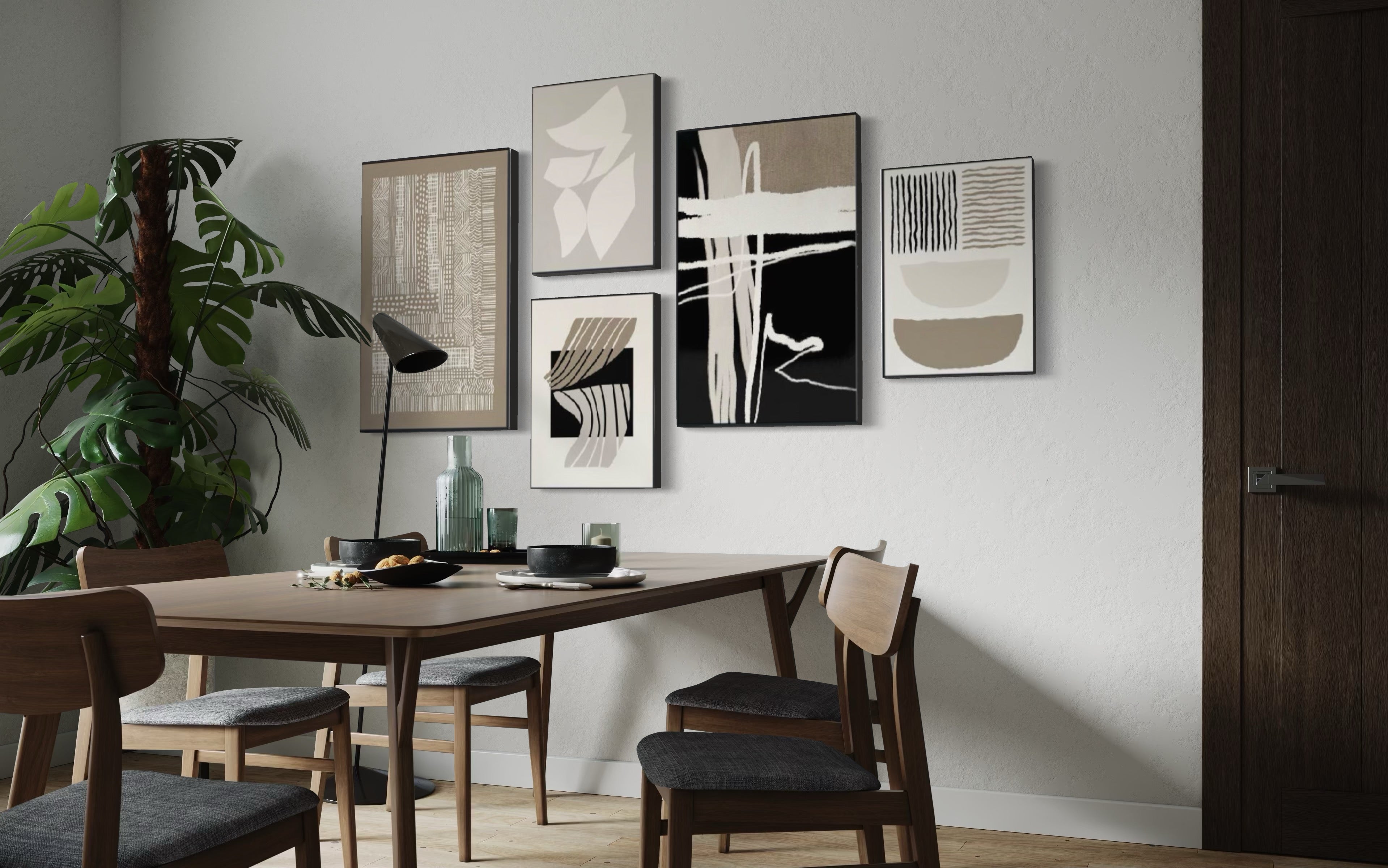 Set Cuadros Decorativos Abstracto Negro Arena 2 - 218A - 5piezas Minimalistas Arte Moderno Estilo Nordico en Tonos Neutros