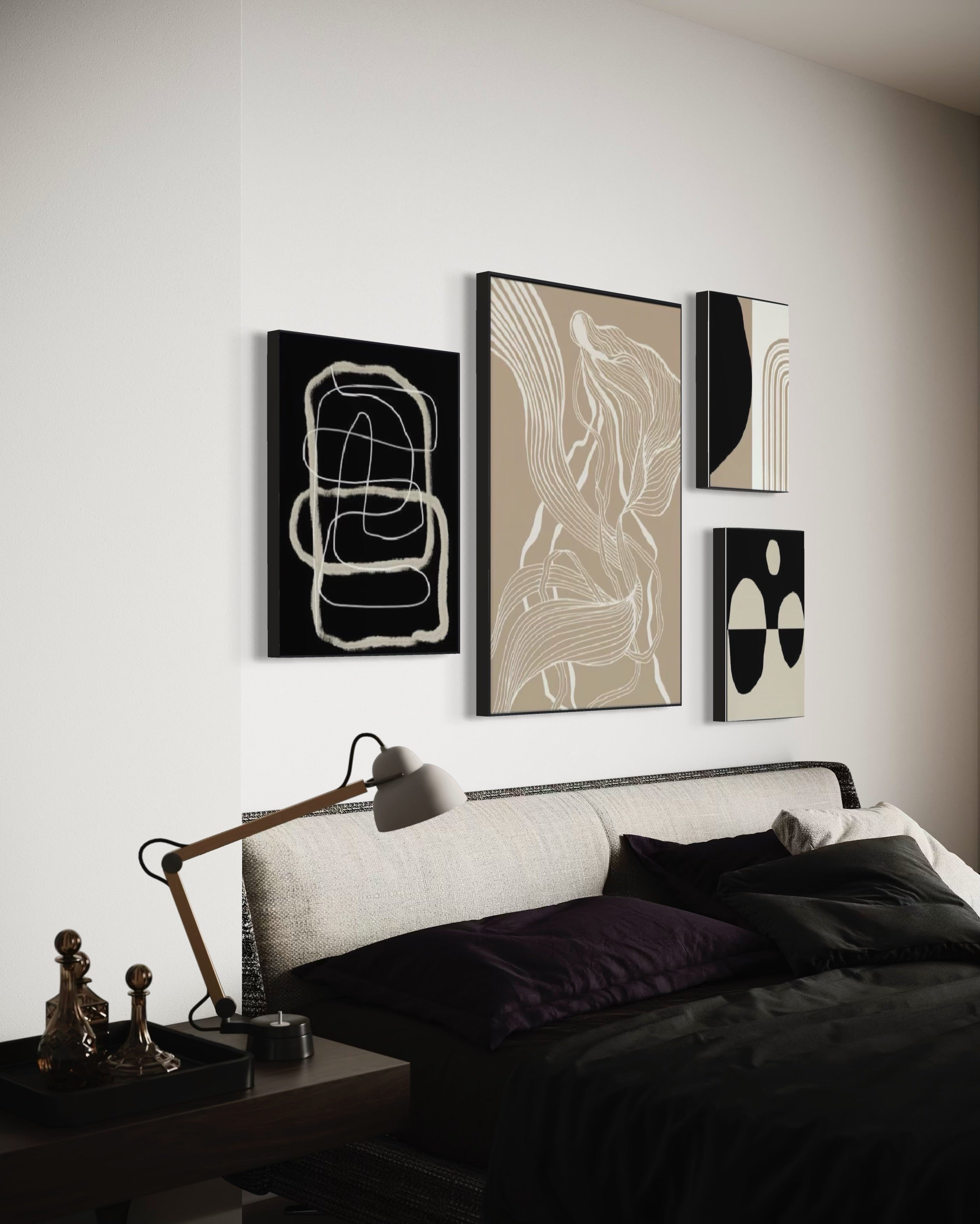 Set Cuadros Decorativos Abstracto Negro Arena 2 - 230 B - 4piezas Arte Moderno y Minimalista Estilo Nordico Tonos Neutros