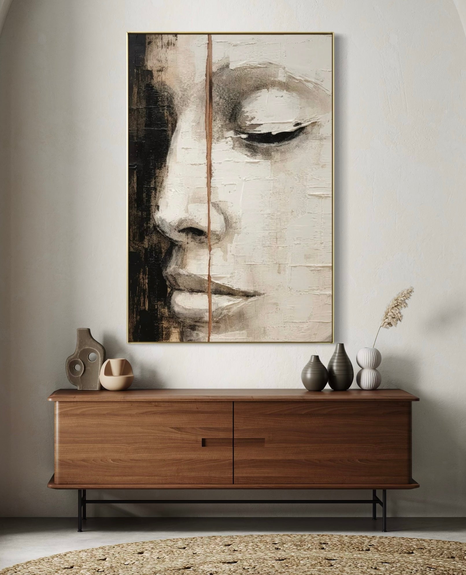 Cuadro Decorativo Abstracto Negro Arena 2-210 Rostro de Mujer Zen Arte Moderno y Elegante Cara estilo Boho