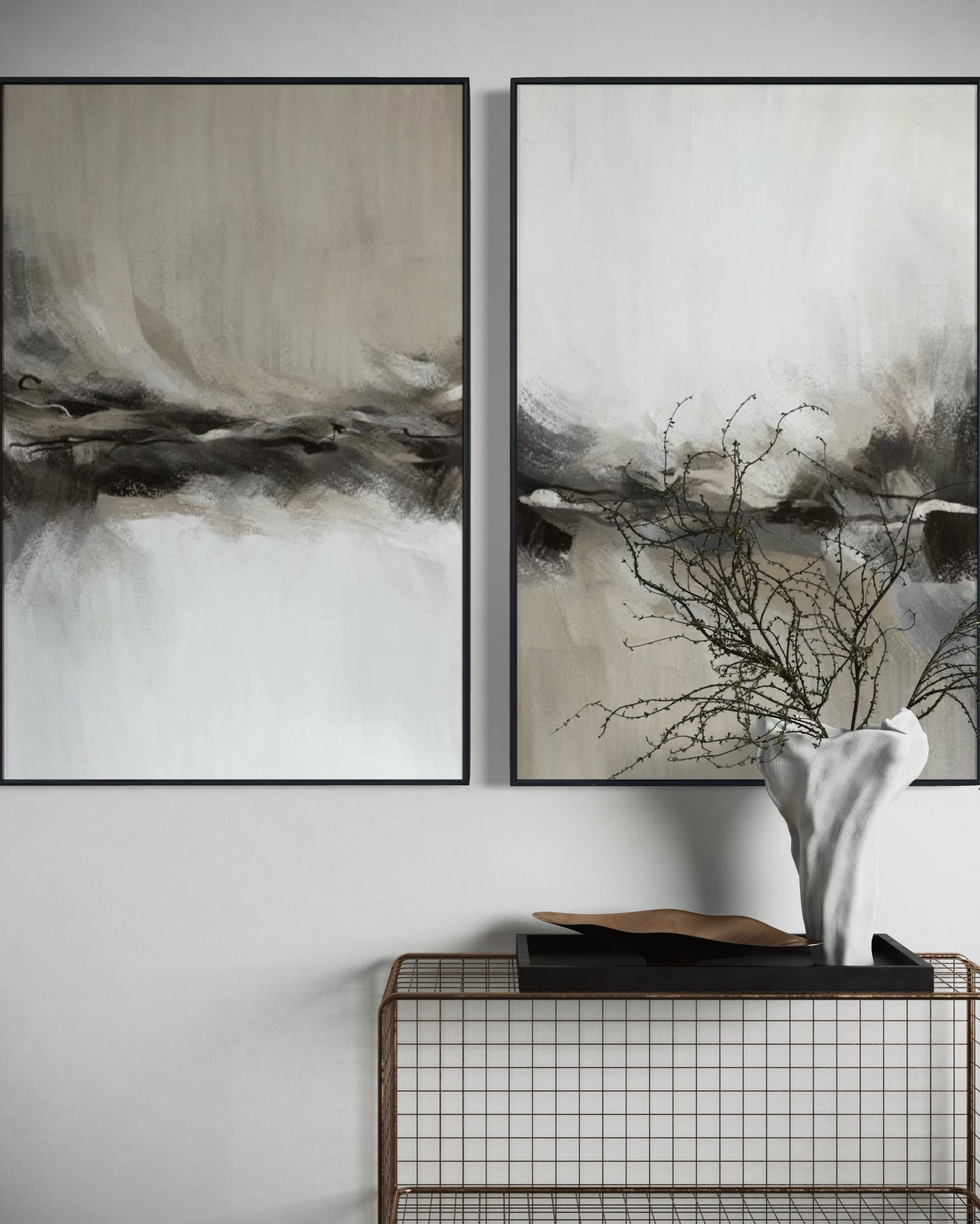 Set Cuadros Decorativos Abstracto Negro Arena 2 - 238 - Diptico Moderno y Elegante Arte Estilo Nordico Tonos Neutros