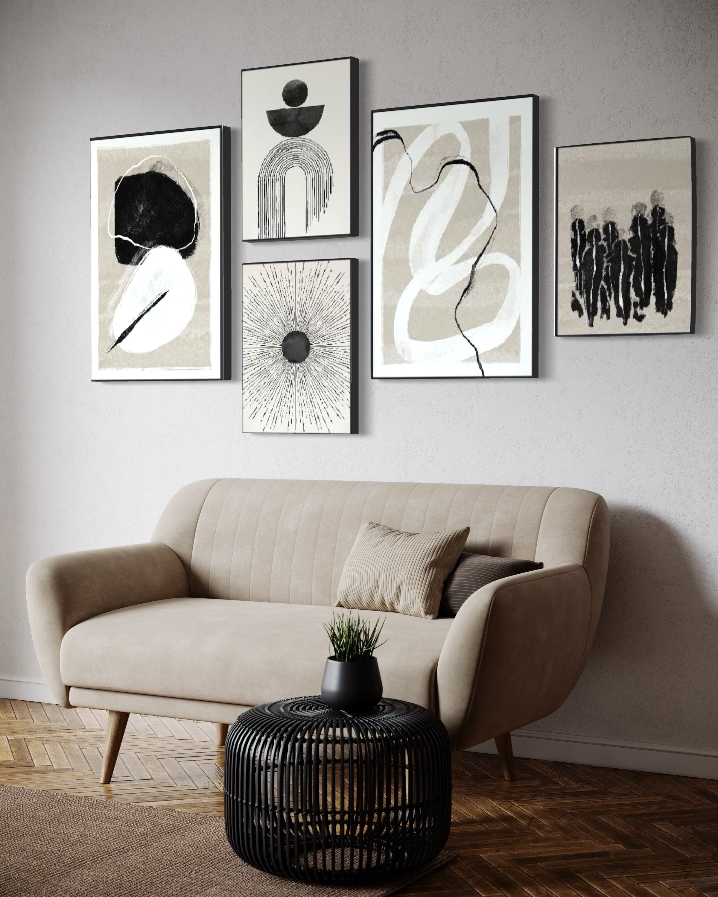 Set Cuadros Decorativos Abstracto Negro Arena 2 - 226A - 5piezas Arte Moderno Estilo Nordico Boho Tonos Neutros