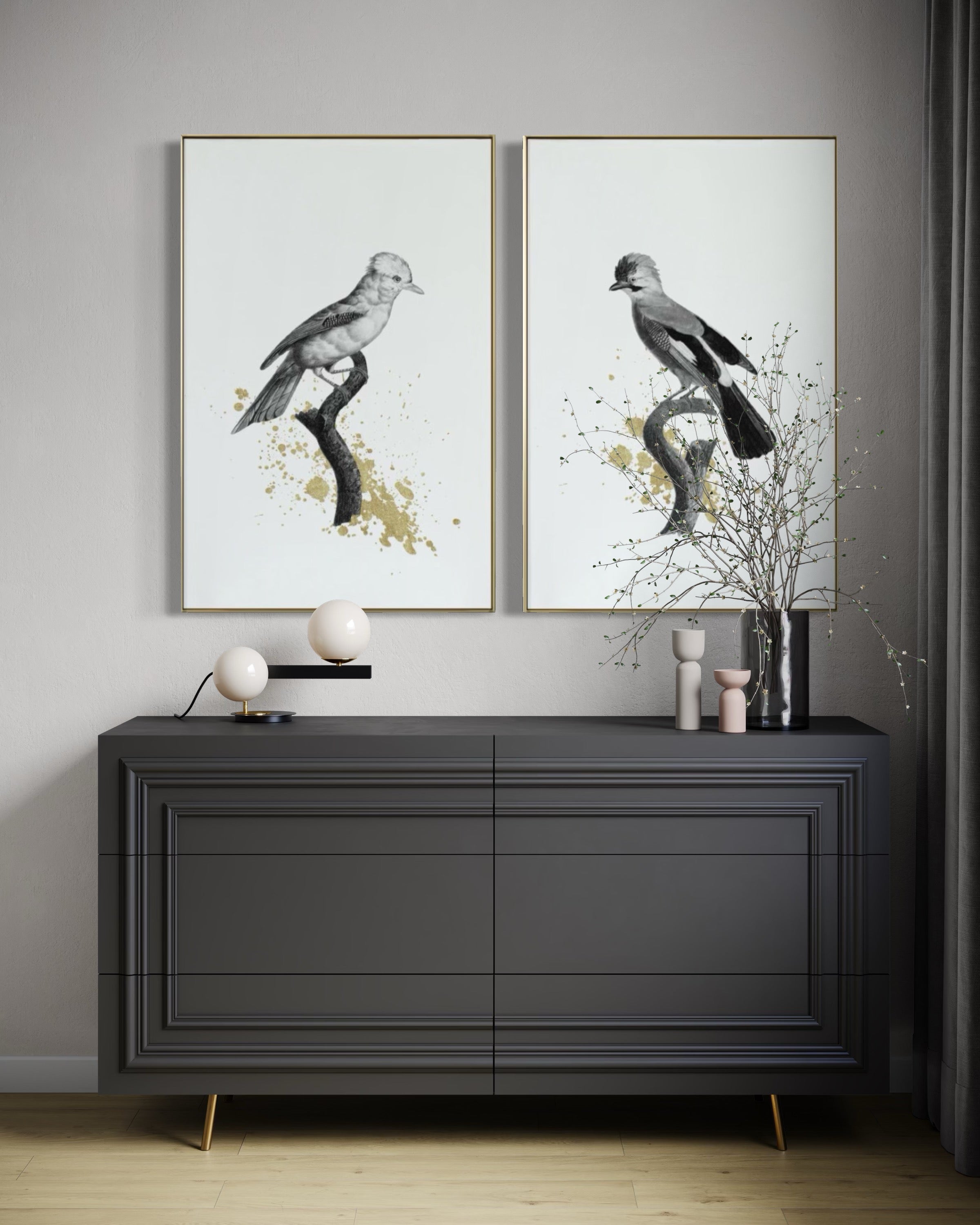Set Cuadros Decorativos Abstracto Negro Arena 2 - 264 - Diptico Boceto de Pájaros Arte de Aves En Blanco, Negro y Dorado Oro