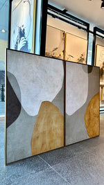 Cargar imagen en el visor de la galería, Set 2 Cuadros Decorativos Abstracto Negro Arena 066 - Diptico Moderno y Elegante Arte Estilo Boho en Tonos Neutros

