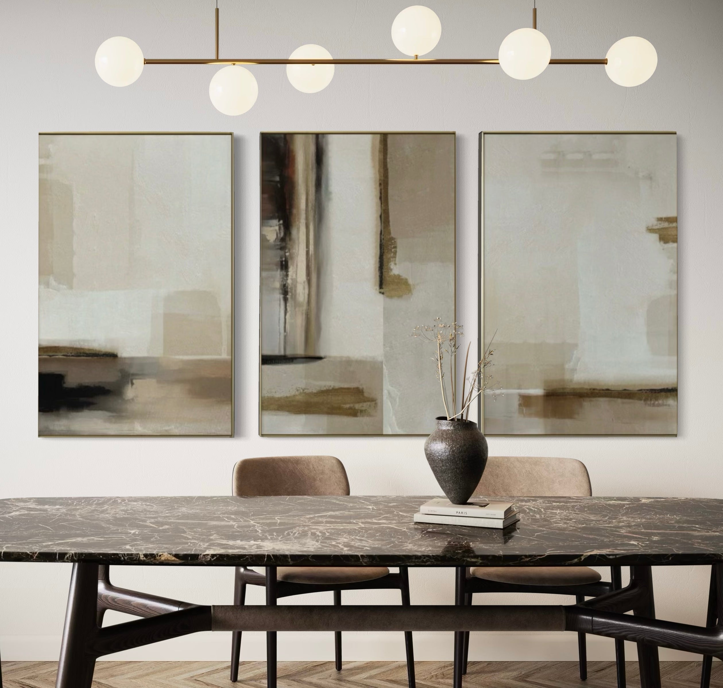 Set Cuadros Decorativos Abstracto Negro Arena 2 - 209 - Triptico Moderno y Elegante Arte Minimalista en Tonos Neutros