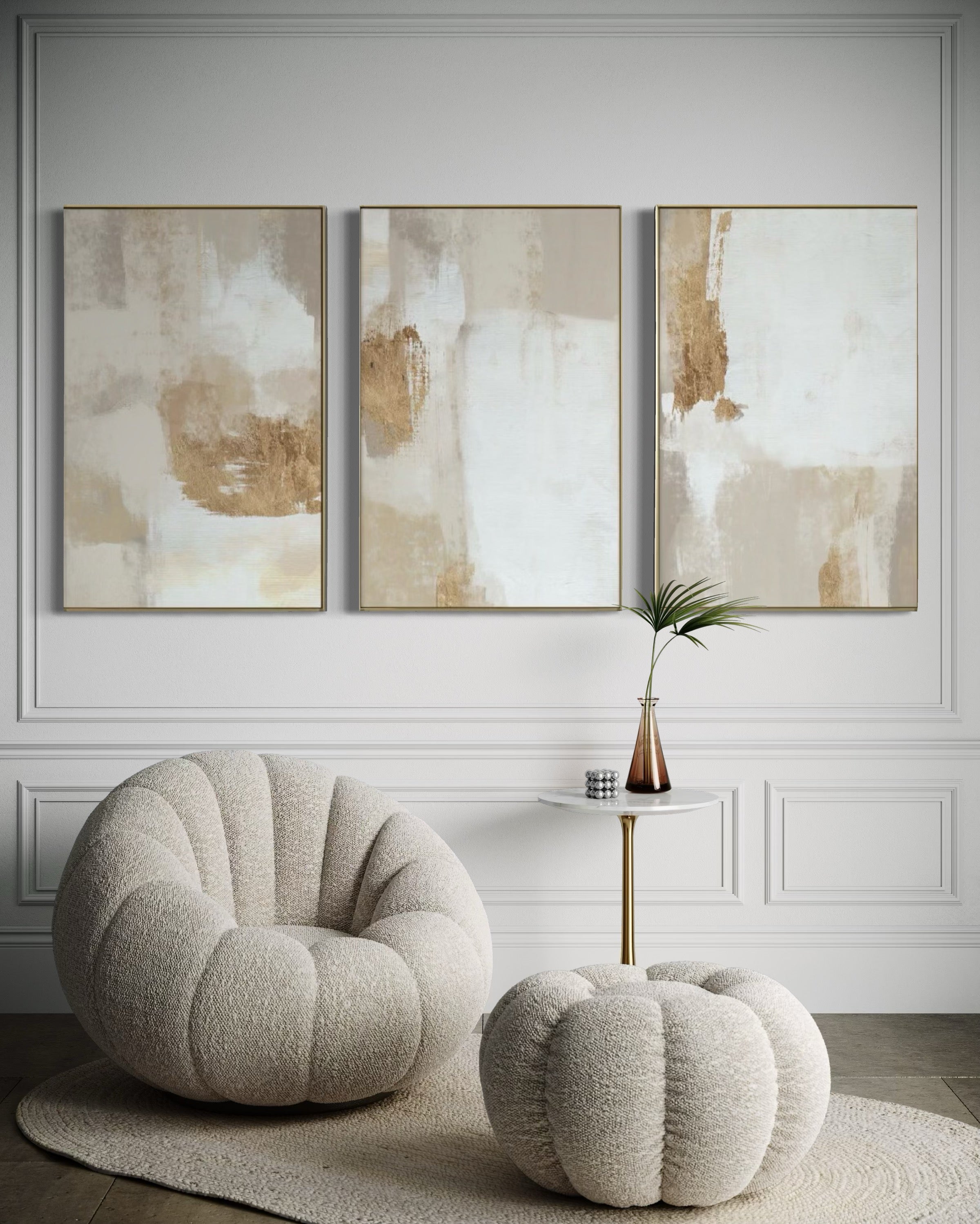 Set Cuadros Decorativos Abstracto Negro Arena 2 - 279 - Triptico Moderno y Elegante Arte Estilo Boho en Blanco, Beige y Dorado Oro