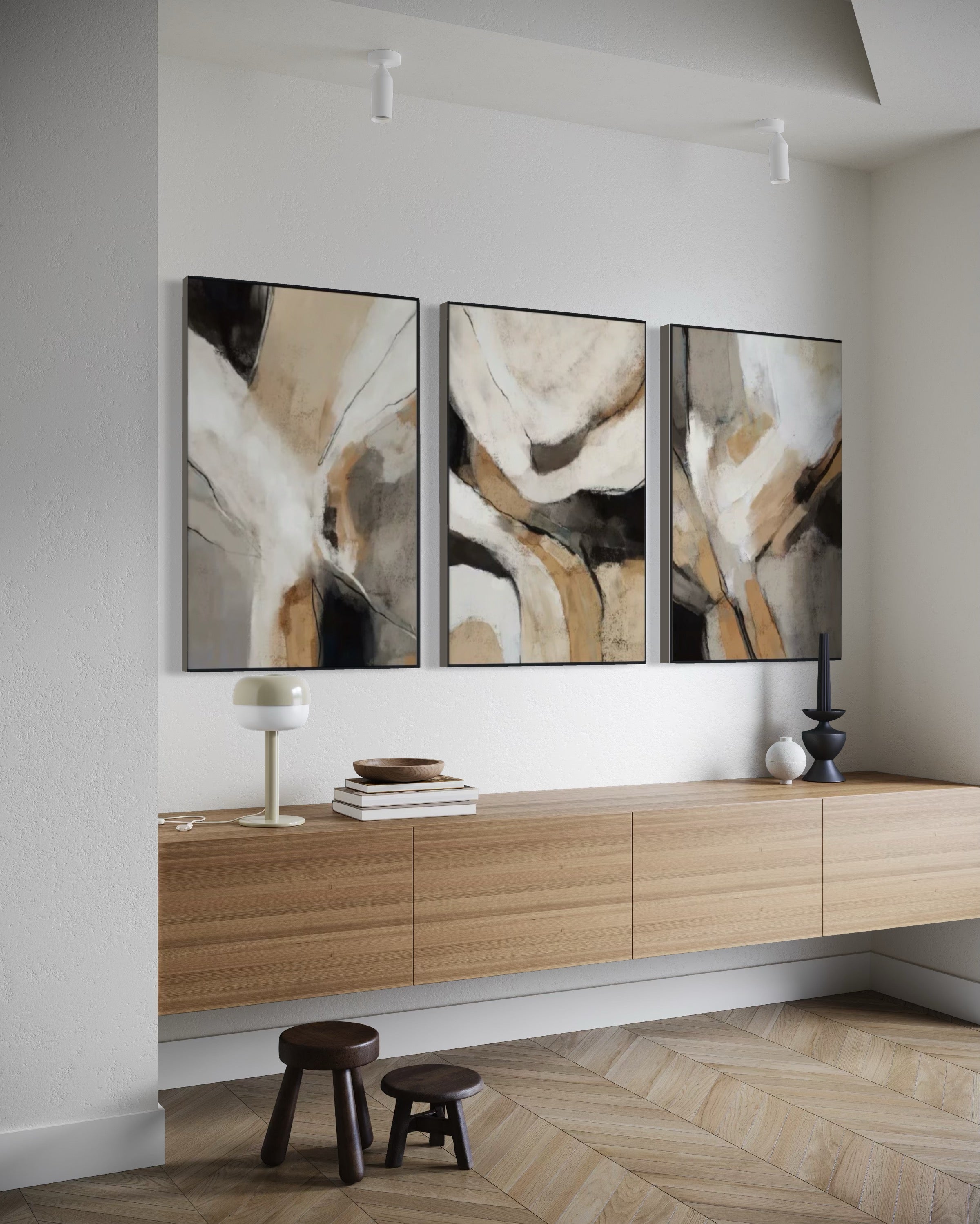 Set Cuadros Decorativos Abstracto Negro Arena 2 - 206 - Triptico Minimalista Arte Moderno y Elegante Estilo Nordico en Tonos Neutros