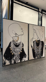 Cargar imagen en el visor de la galería, Set Cuadros Decorativos Abstracto Negro Arena 2 - 213 - Diptico Moderno Estilo Boho Mujeres Afro Arte Lineal En tonos Neutros y un toque de Dorado  Oro
