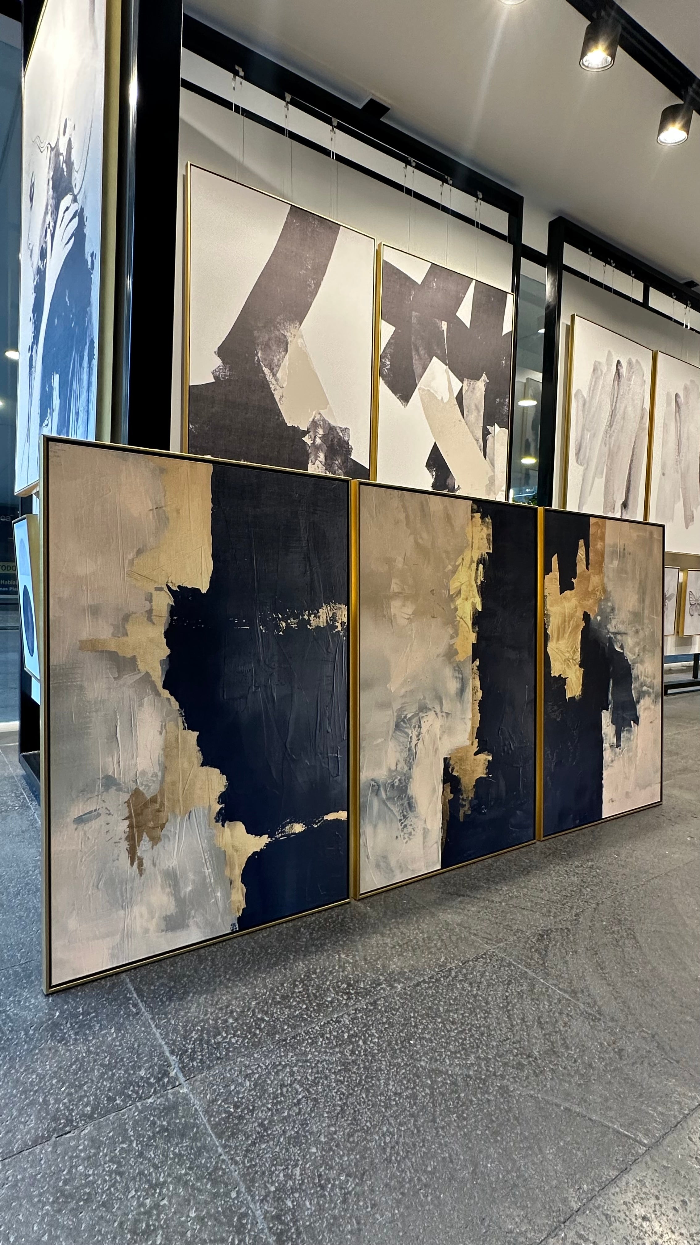 Set de 3 Cuadros Decorativos Abstract Colors 3-312 - Arte Moderno y Elegante en tono Azul, Beige y Dorado-Triptico