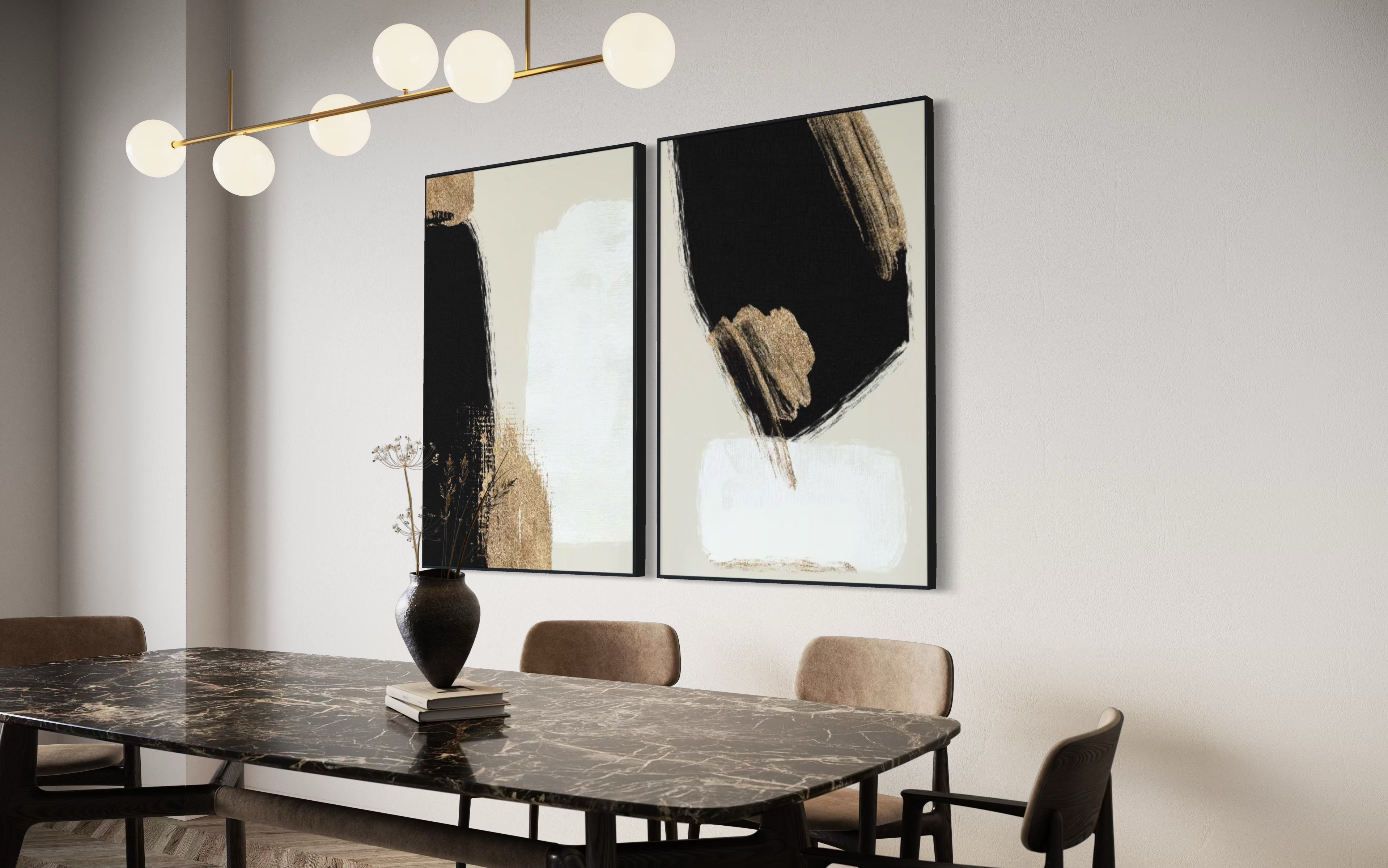 Set Cuadros Decorativos Abstracto Negro Arena 2 - 214 - Diptico Moderno y Elegante Arte Estilo Nordico en Tonos Neutros con Dorado Oro