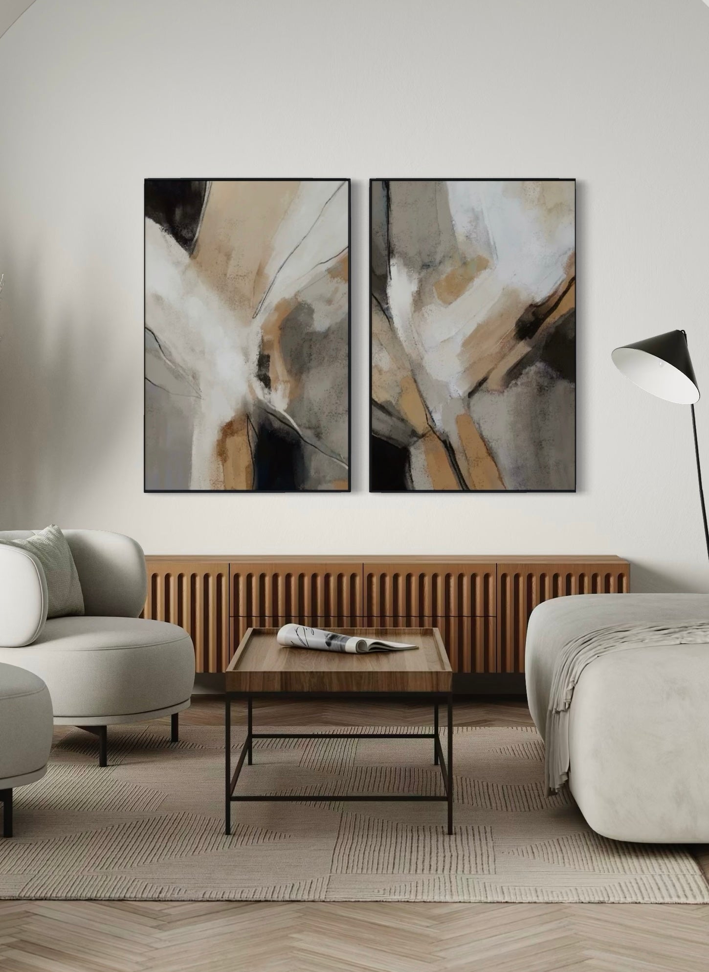 Set Cuadros Decorativos Abstracto Negro Arena 2 - 206 - Diptico Modernos Arte Minimalista estilo Boho en Tonos Neutros Cálidos