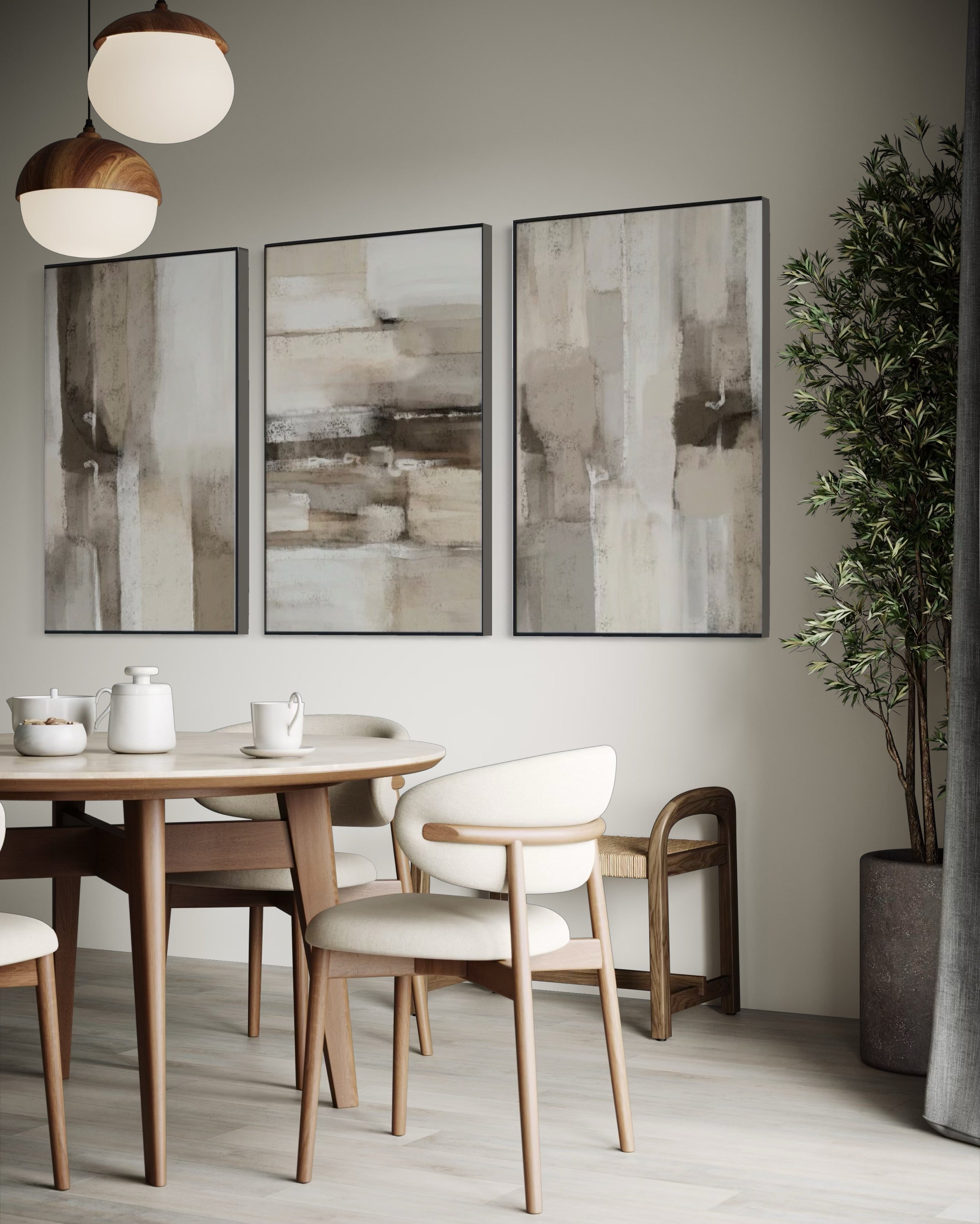 Set Cuadros Decorativos Abstracto Negro Arena 2 - 211 - Triptico En tonos Beige y Cafe Colores Neutros Arte Moderno Estilo Boho Nordico