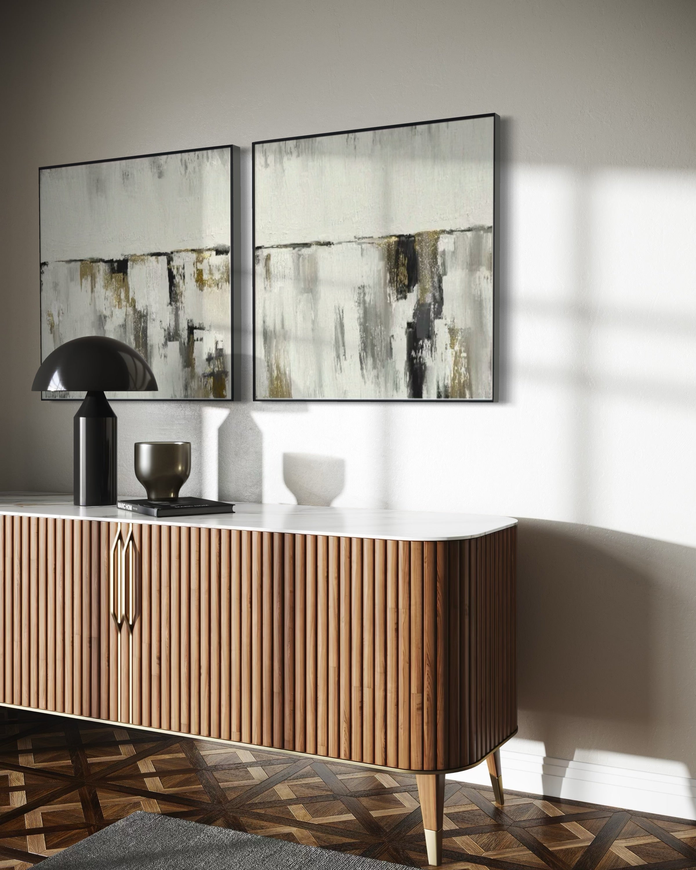 Set Cuadros Decorativos Abstracto Negro Arena 2 - 203 - Diptico Moderno y Minimalista Estilo Nordico en Tonos Neutros y un toque de Dorado Oro