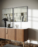 Cargar imagen en el visor de la galería, Set Cuadros Decorativos Abstracto Negro Arena 2 - 203 - Diptico Moderno y Minimalista Estilo Nordico en Tonos Neutros y un toque de Dorado Oro
