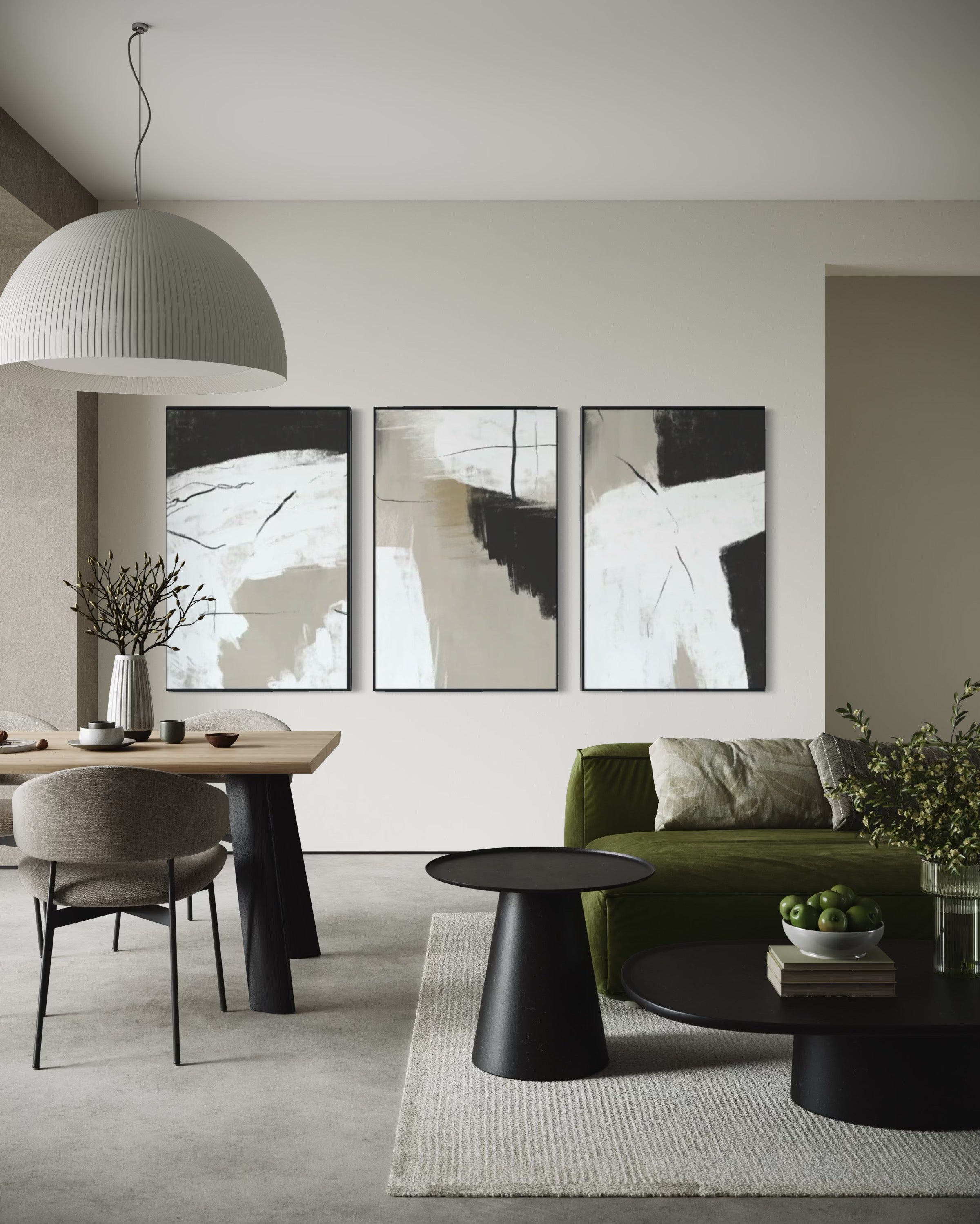 Set Cuadros Decorativos Abstracto Negro Arena 2 - 243 - Triptico Moderno y Elegante Estilo Nordico Boho Tonos Neutros