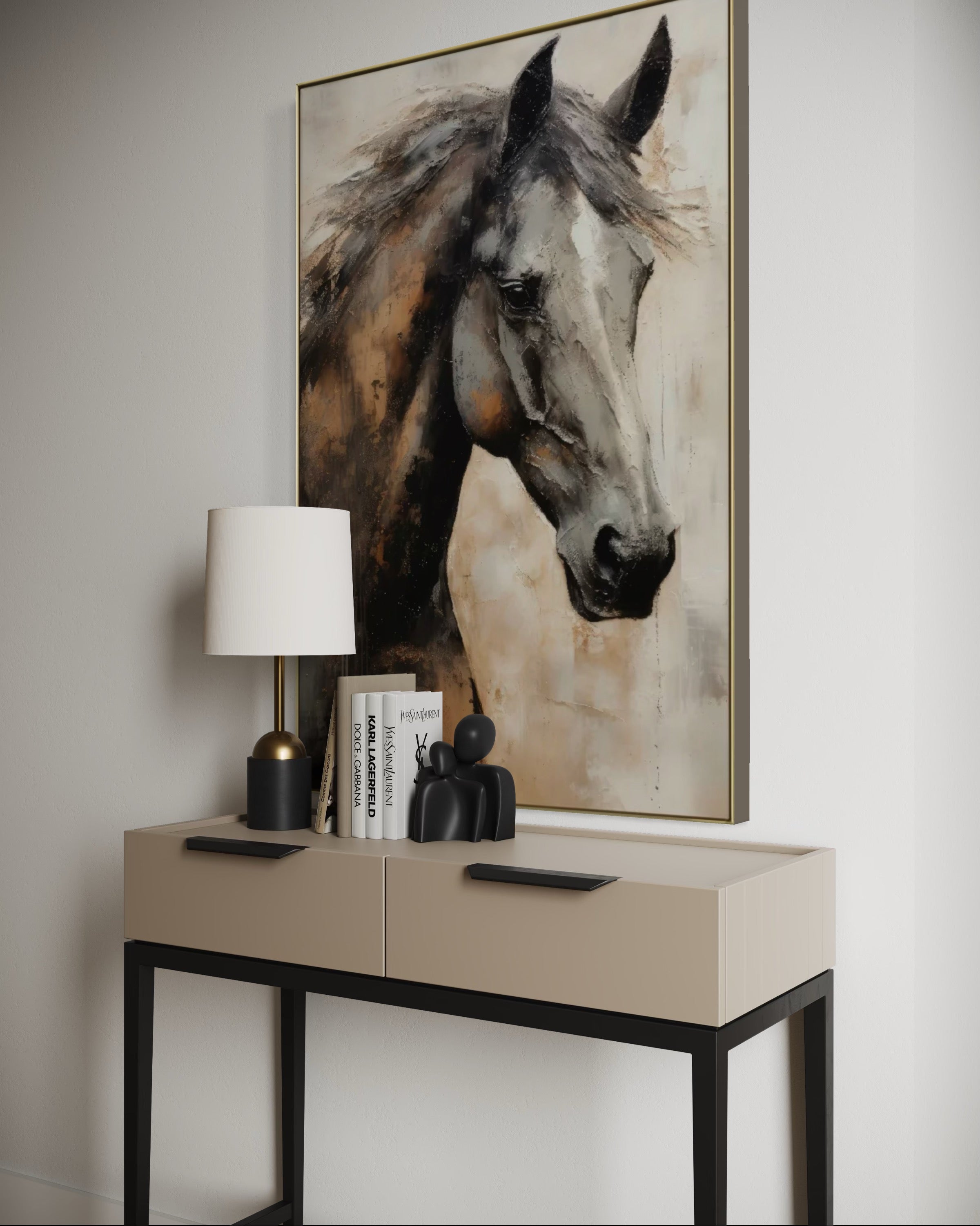 Cuadro Decorativo Abstracto Negro Arena 2 - 207 Caballo Estilo Nordico Arte Moderno en Tonos Neutros, Beige, Terracota, Negro y Gris