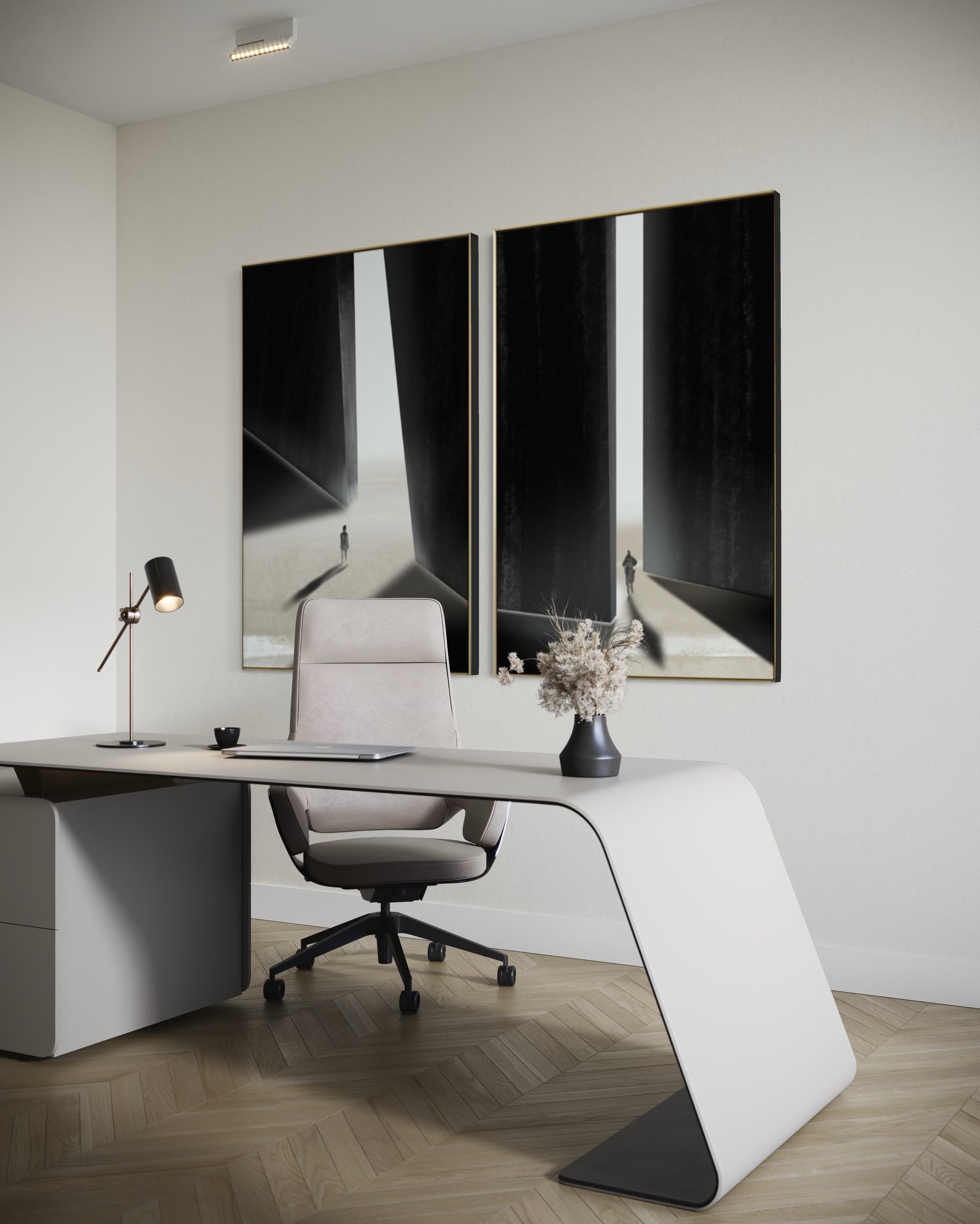 Set Cuadros Decorativos Abstracto Negro Arena 2 - 237 - Diptico Siluetas Humanas Arte Moderno Minimalista Puertas Estilo Nordico Tonos Neutros