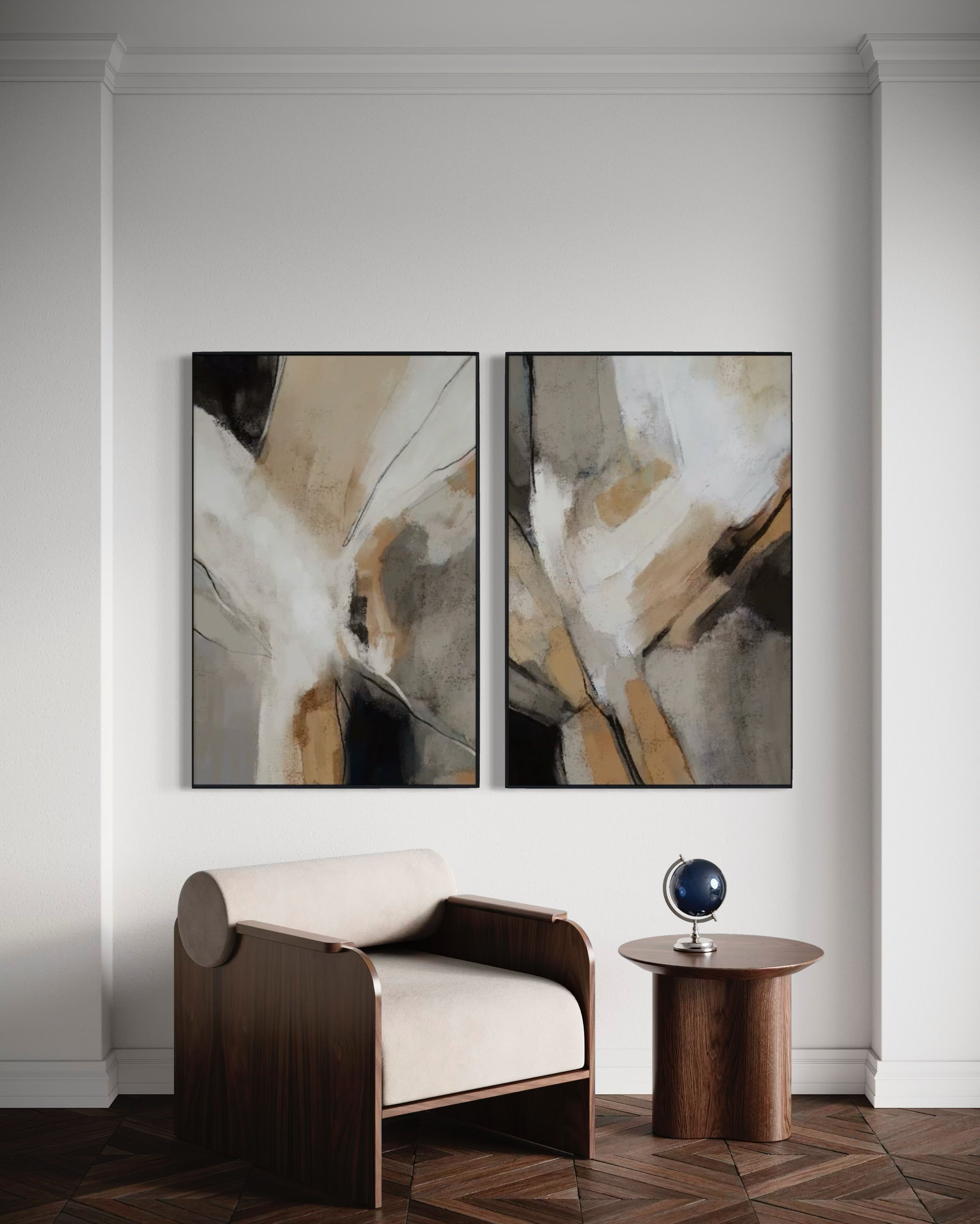 Set Cuadros Decorativos Abstracto Negro Arena 2 - 206 - Diptico Modernos Arte Minimalista estilo Boho en Tonos Neutros Cálidos